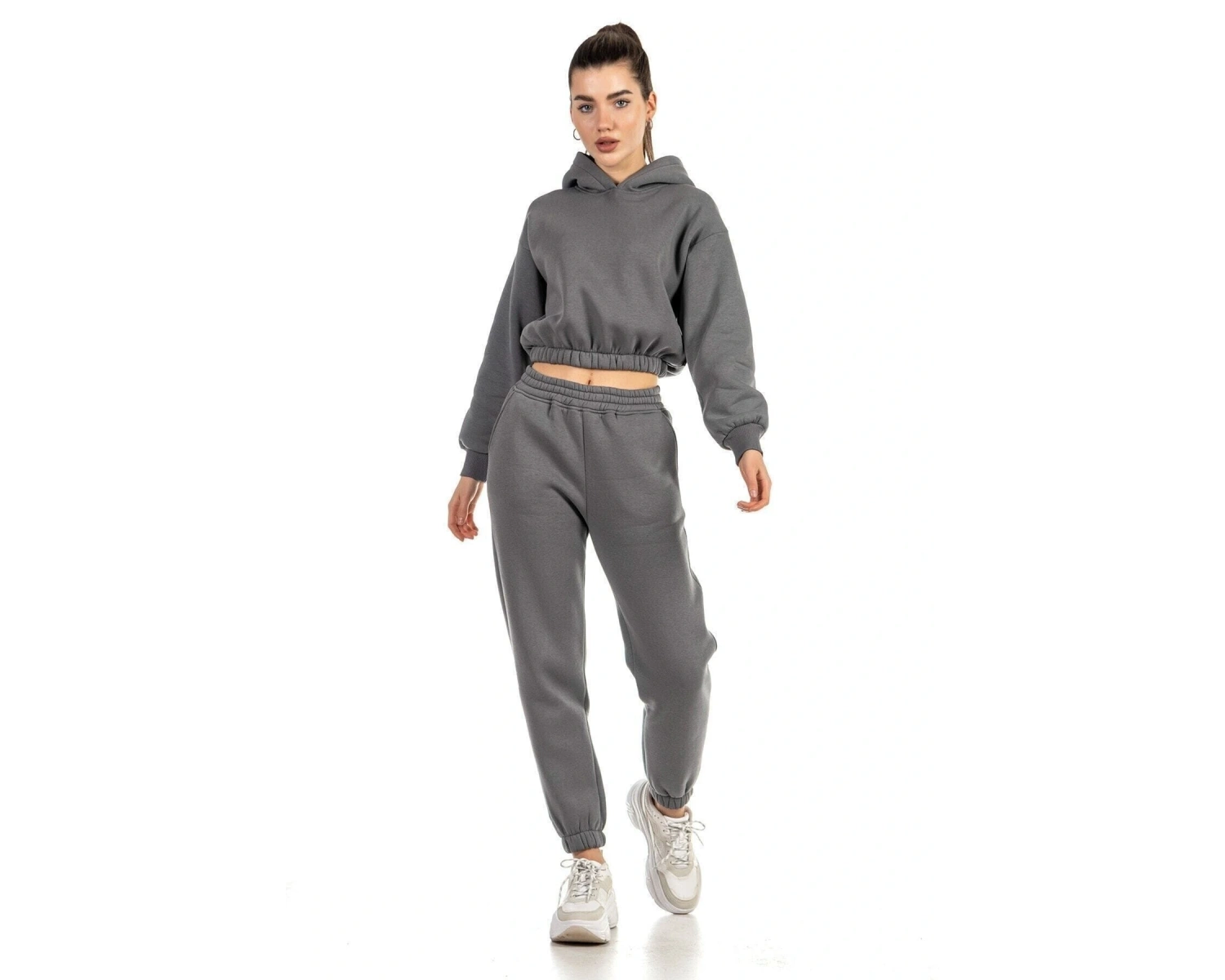 Kadın Antrasit Renkli Yüksek Bel Jogger Eşofman Takımı Cy84156