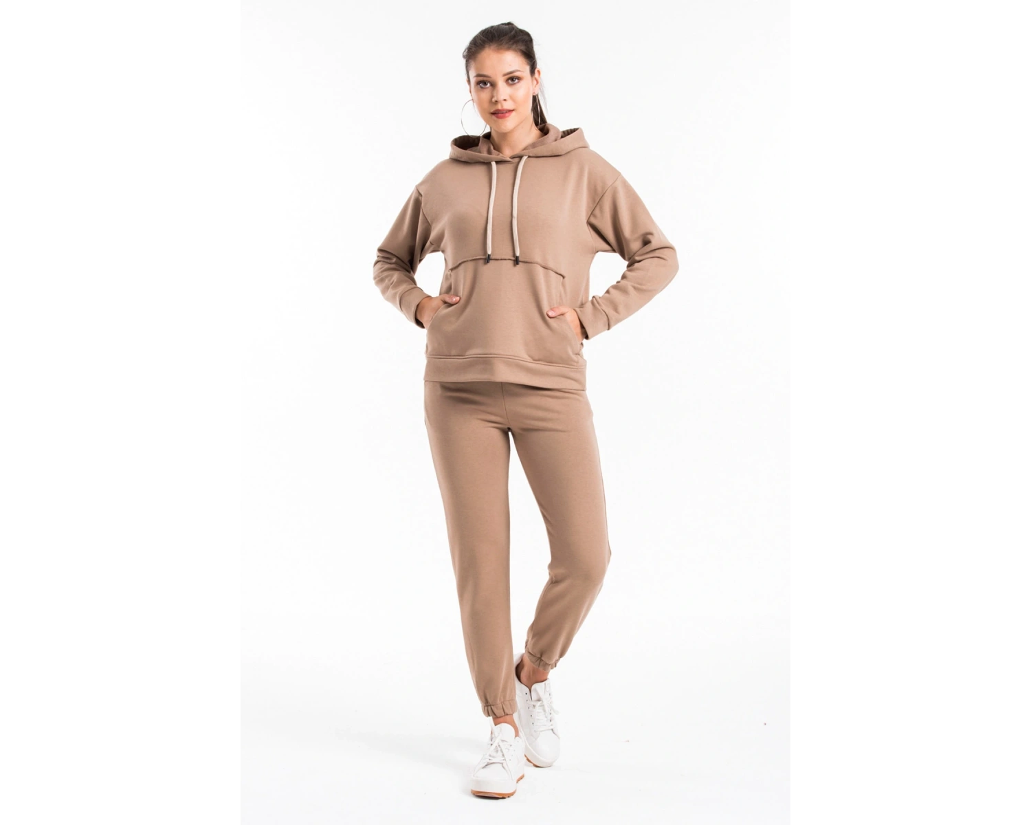 Kadın Bej Pis Dikiş Kanguru Cep Detaylı Eşofman Takımı Cy84186