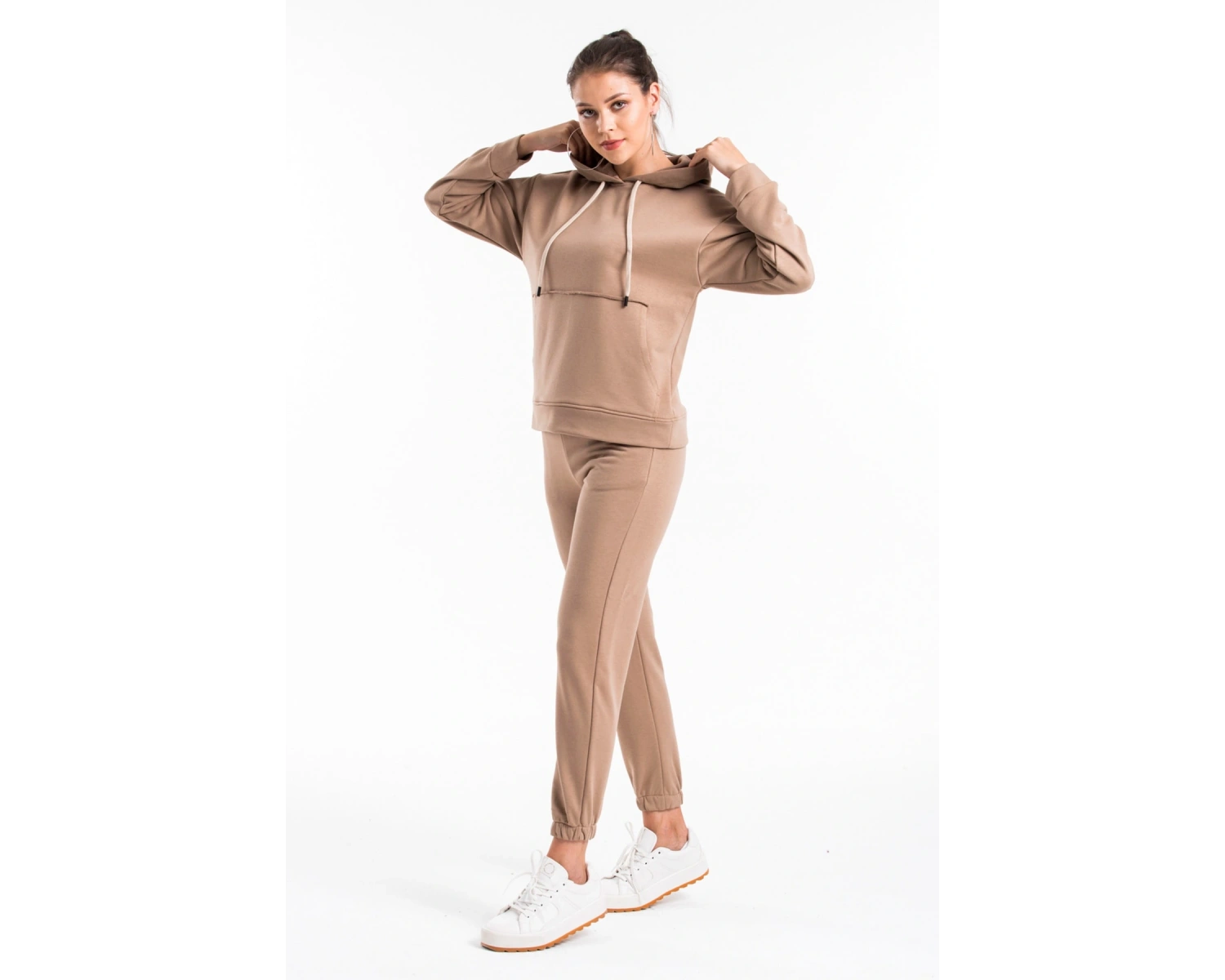Kadın Bej Pis Dikiş Kanguru Cep Detaylı Eşofman Takımı Cy84186