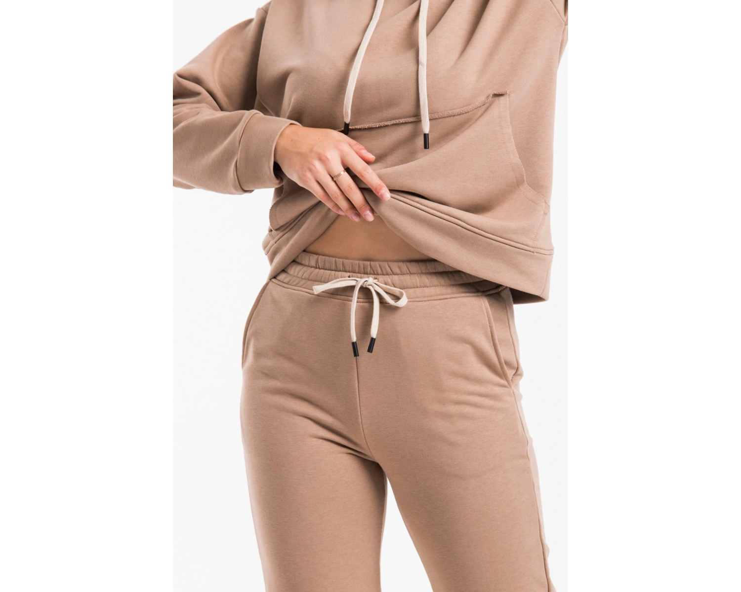 Kadın Bej Pis Dikiş Kanguru Cep Detaylı Eşofman Takımı Cy84186