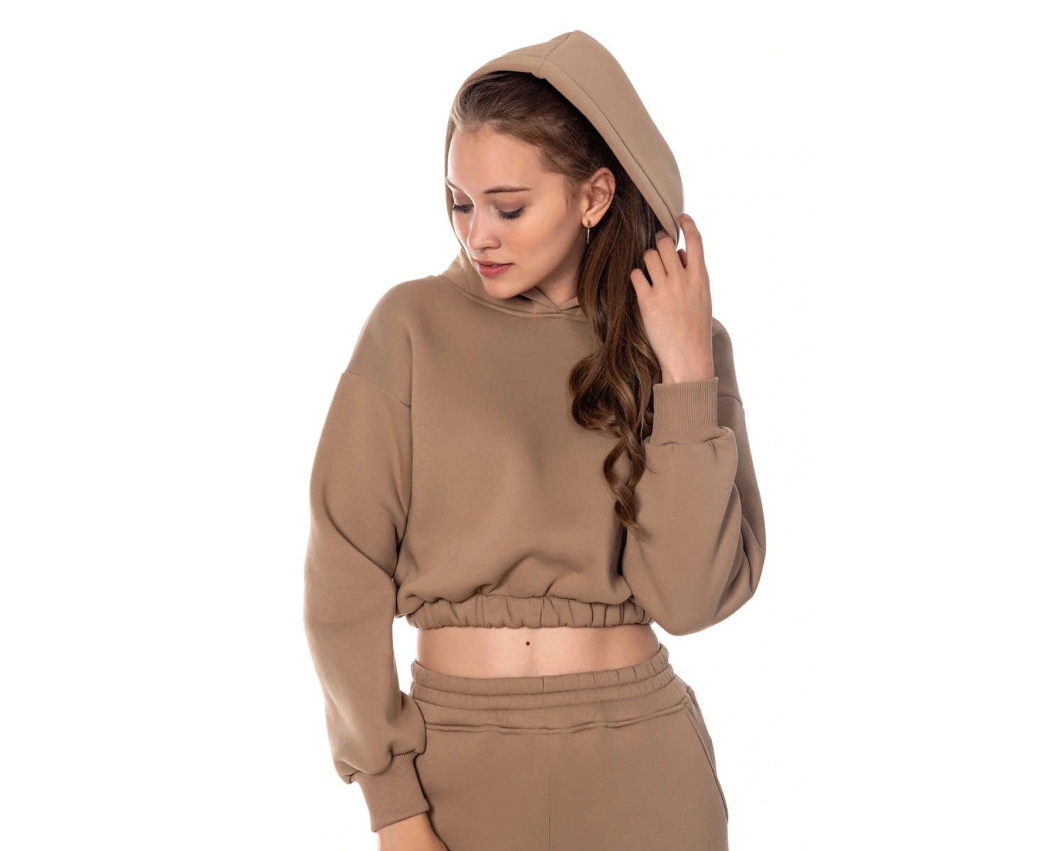 Kadın Bej Rengi Kapüşonlu Crop Kesim Sweatshirt Cy84196 Bej