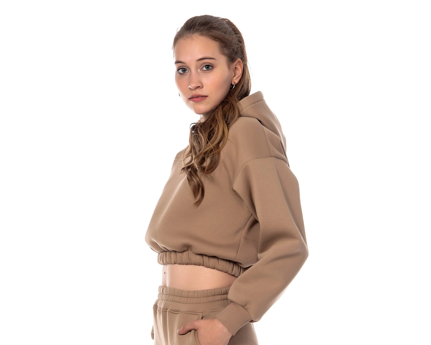 Kadın Bej Rengi Kapüşonlu Crop Kesim Sweatshirt Cy84196 Bej