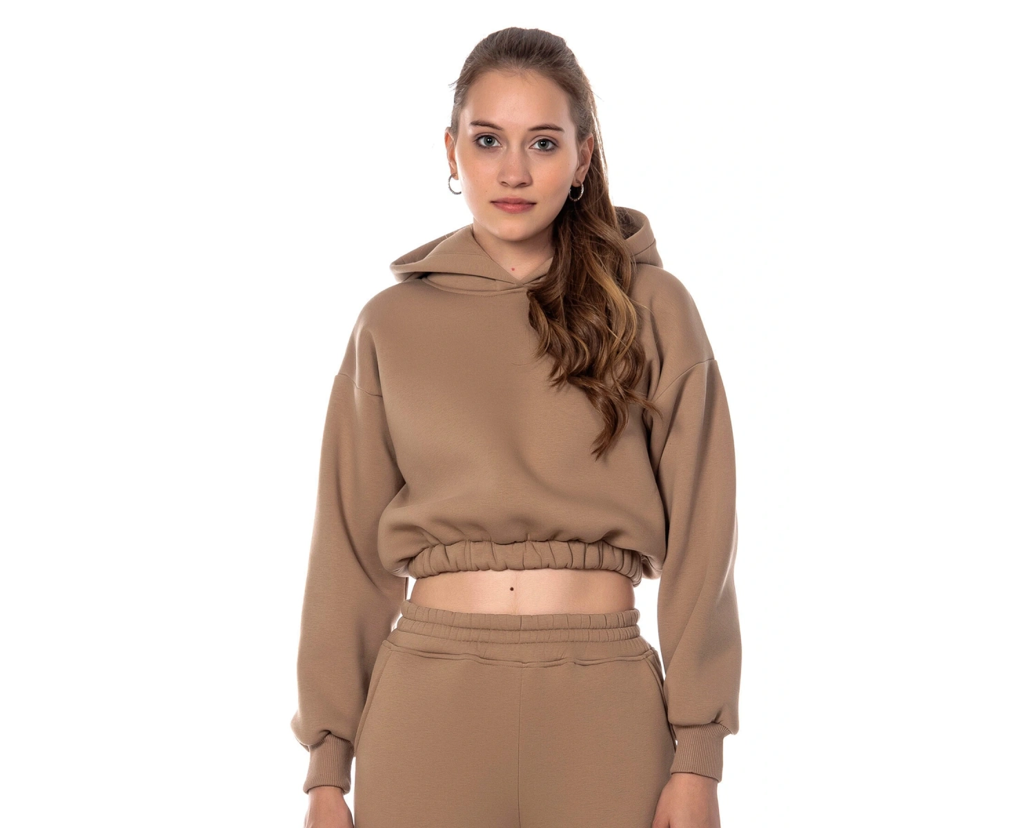 Kadın Bej Rengi Kapüşonlu Crop Kesim Sweatshirt Cy84196 Bej