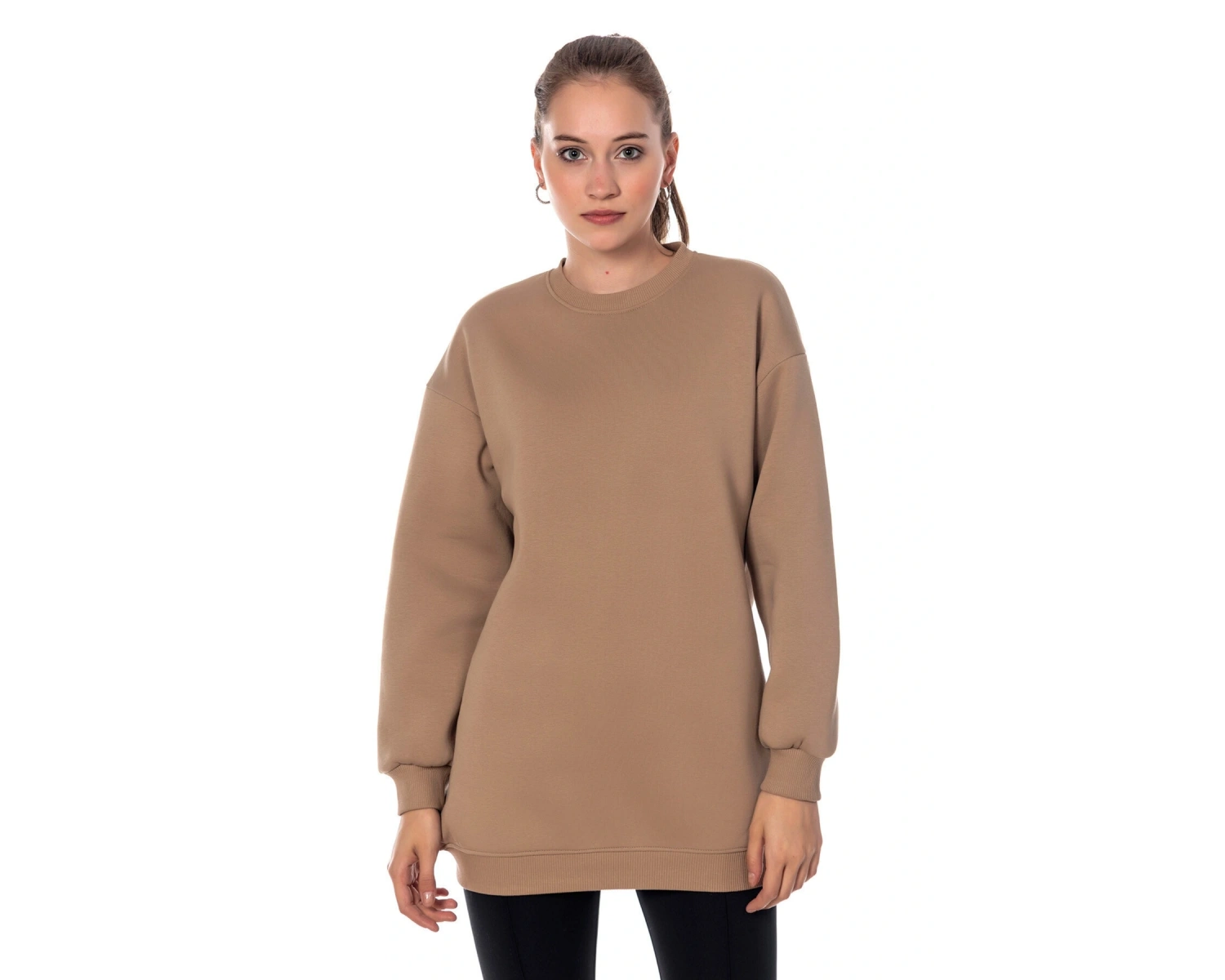 Kadın Bej Renk Uzun Kesim Basic Örme Sweatshirt Cy84197 Bej