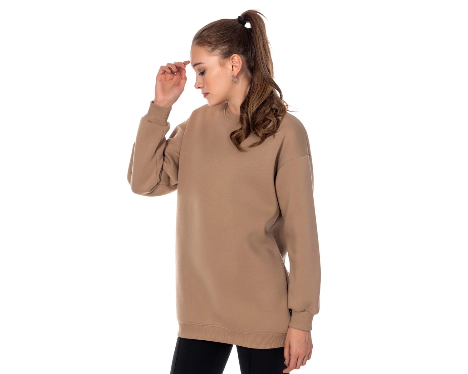 Kadın Bej Renk Uzun Kesim Basic Örme Sweatshirt Cy84197 Bej