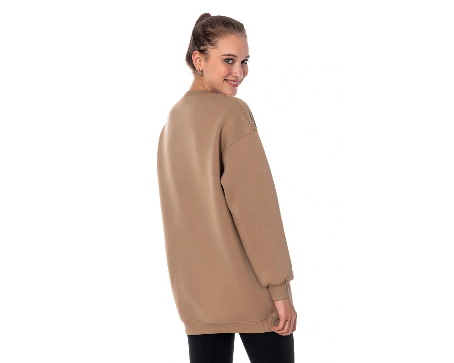Kadın Bej Renk Uzun Kesim Basic Örme Sweatshirt Cy84197 Bej
