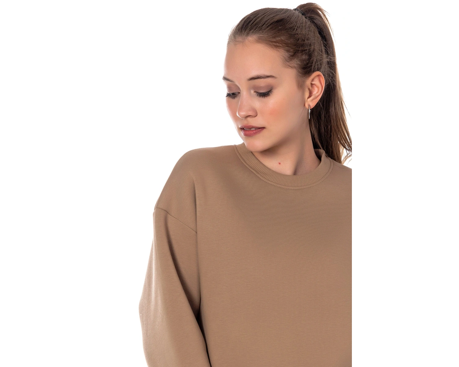 Kadın Bej Renk Uzun Kesim Basic Örme Sweatshirt Cy84197 Bej