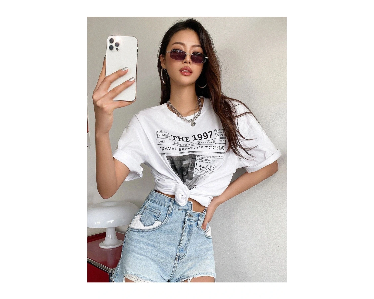 Kadın Beyaz 1997 Baskılı Bisiklet Yaka Tshirt