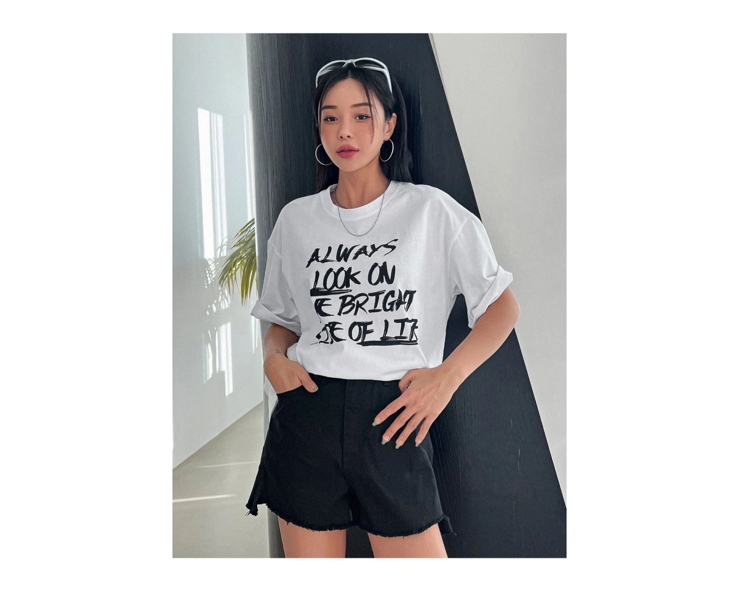 Kadın Beyaz Always Baskılı Oversize Bisiklet Yaka Tshirt