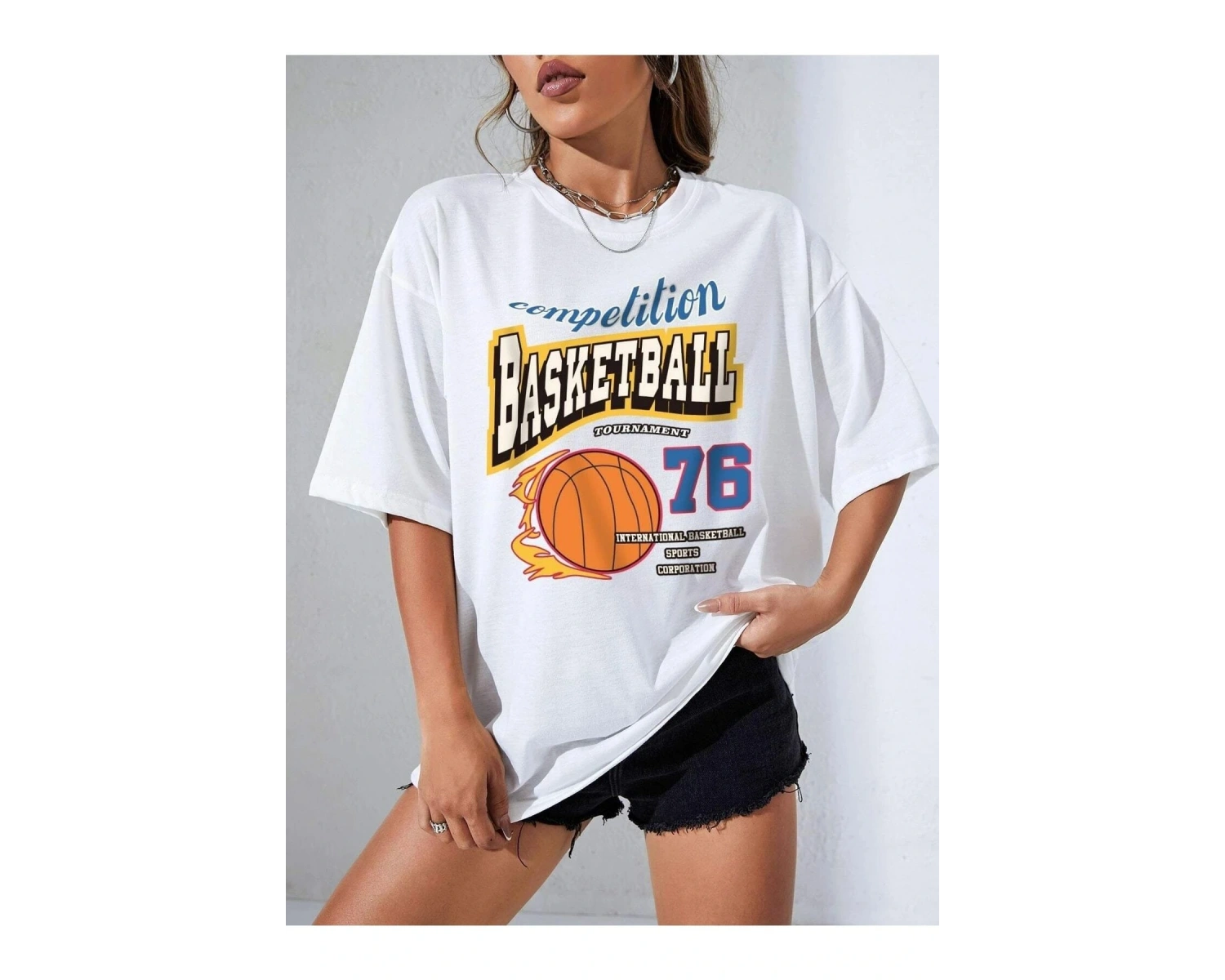 Kadın Beyaz Basketball Tournament Baskılı Oversize Tişört