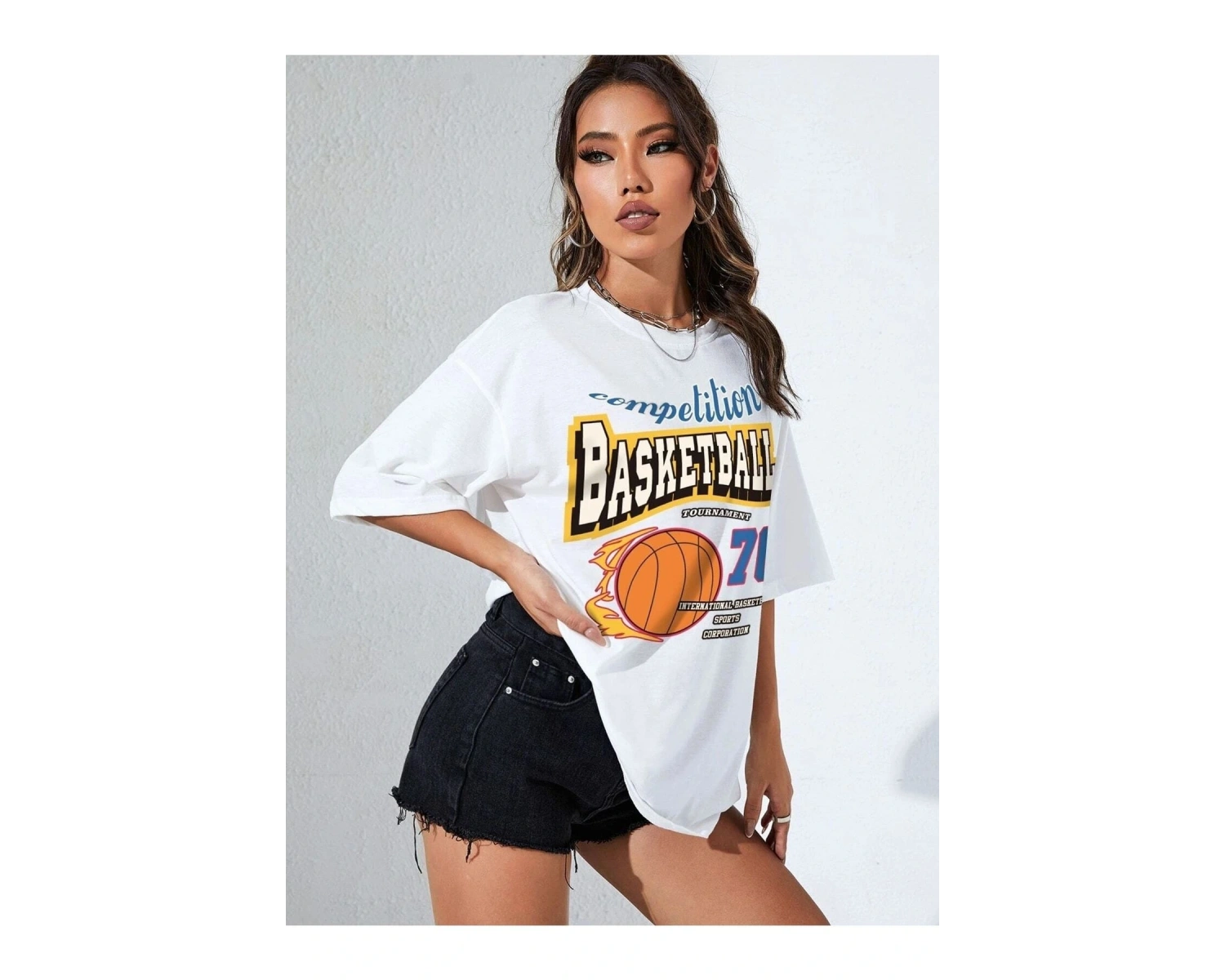 Kadın Beyaz Basketball Tournament Baskılı Oversize Tişört