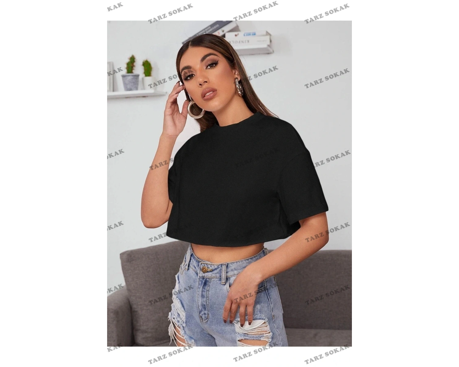 Kadın Beyaz Bisiklet Yaka Oversize Crop