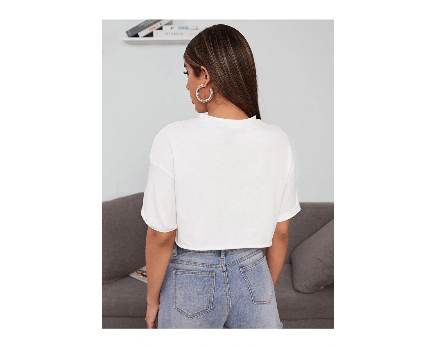 Kadın Beyaz Bisiklet Yaka Oversize Crop T-shirt