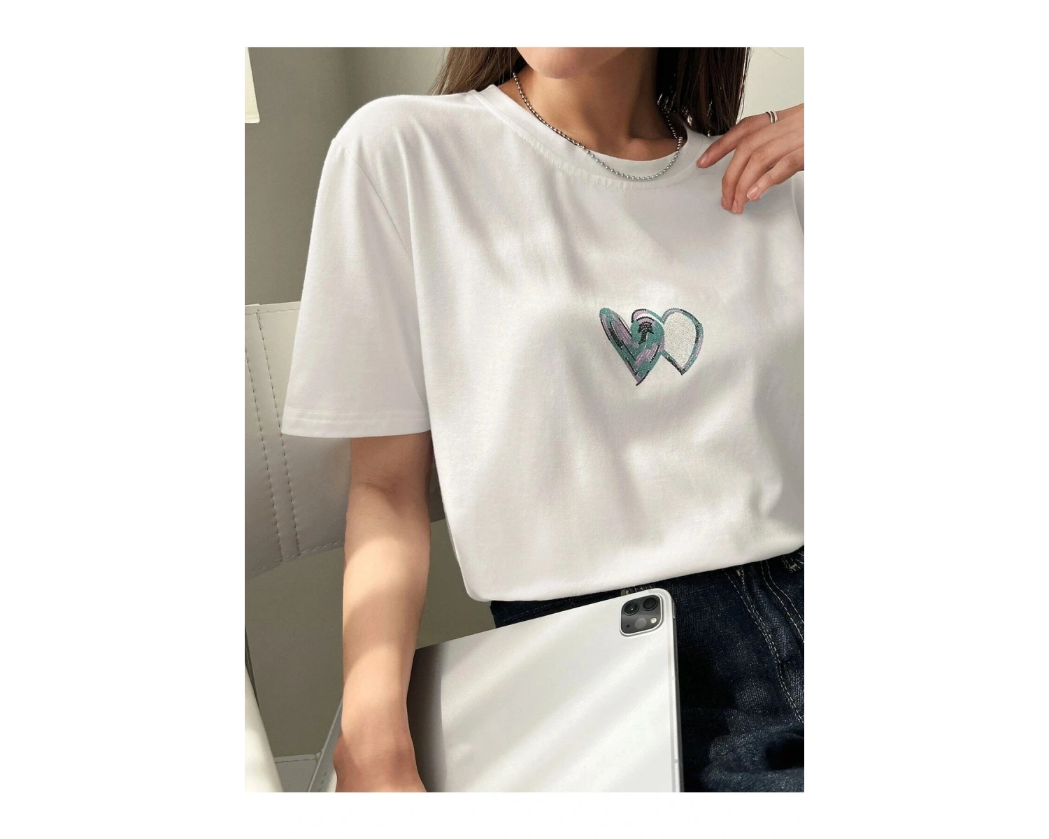 Kadın Beyaz Çift Heart Baskılı Oversize T-shirt