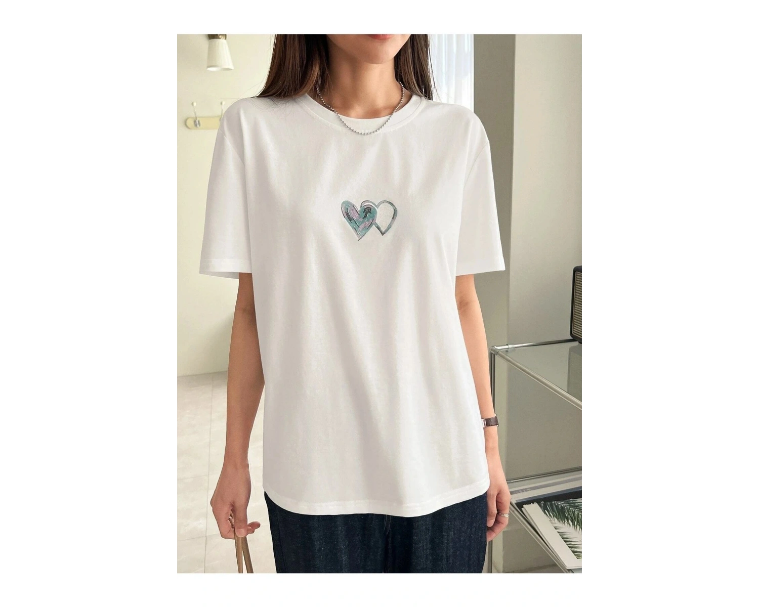 Kadın Beyaz Çift Heart Baskılı Oversize T-shirt