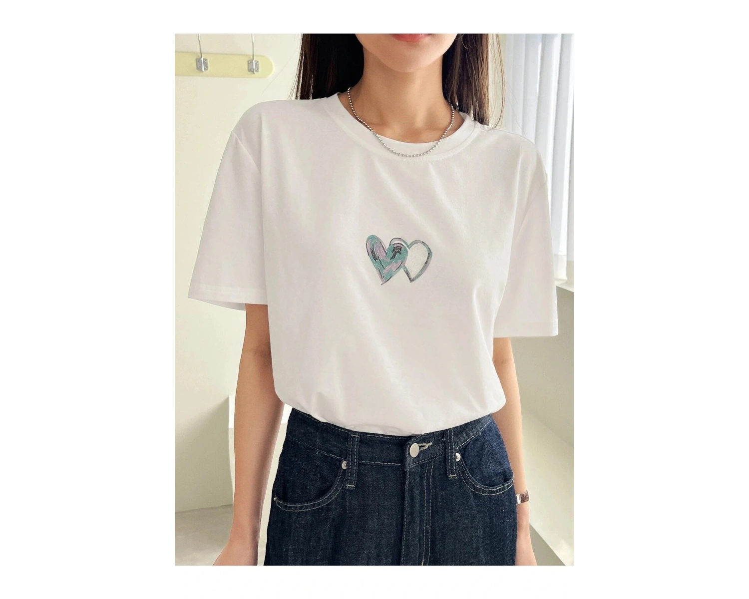 Kadın Beyaz Çift Heart Baskılı Oversize T-shirt