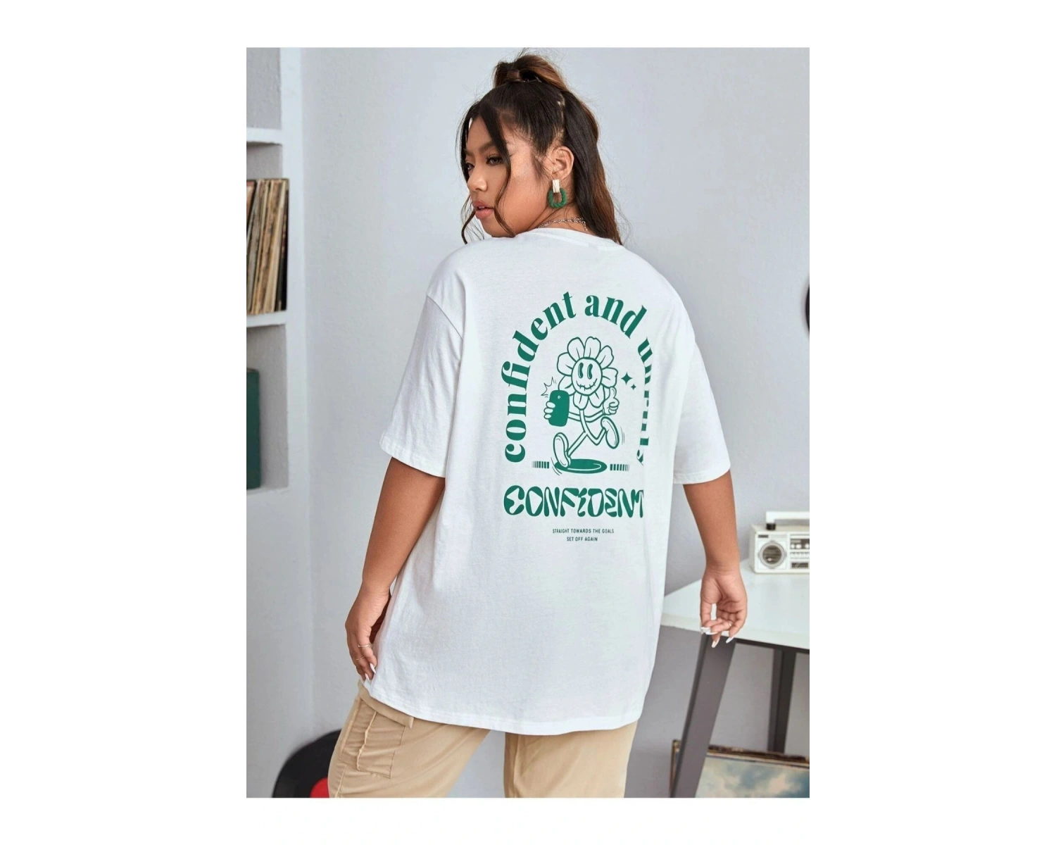 Kadın Beyaz Confied Baskılı Bisiklet Yaka Tshirt