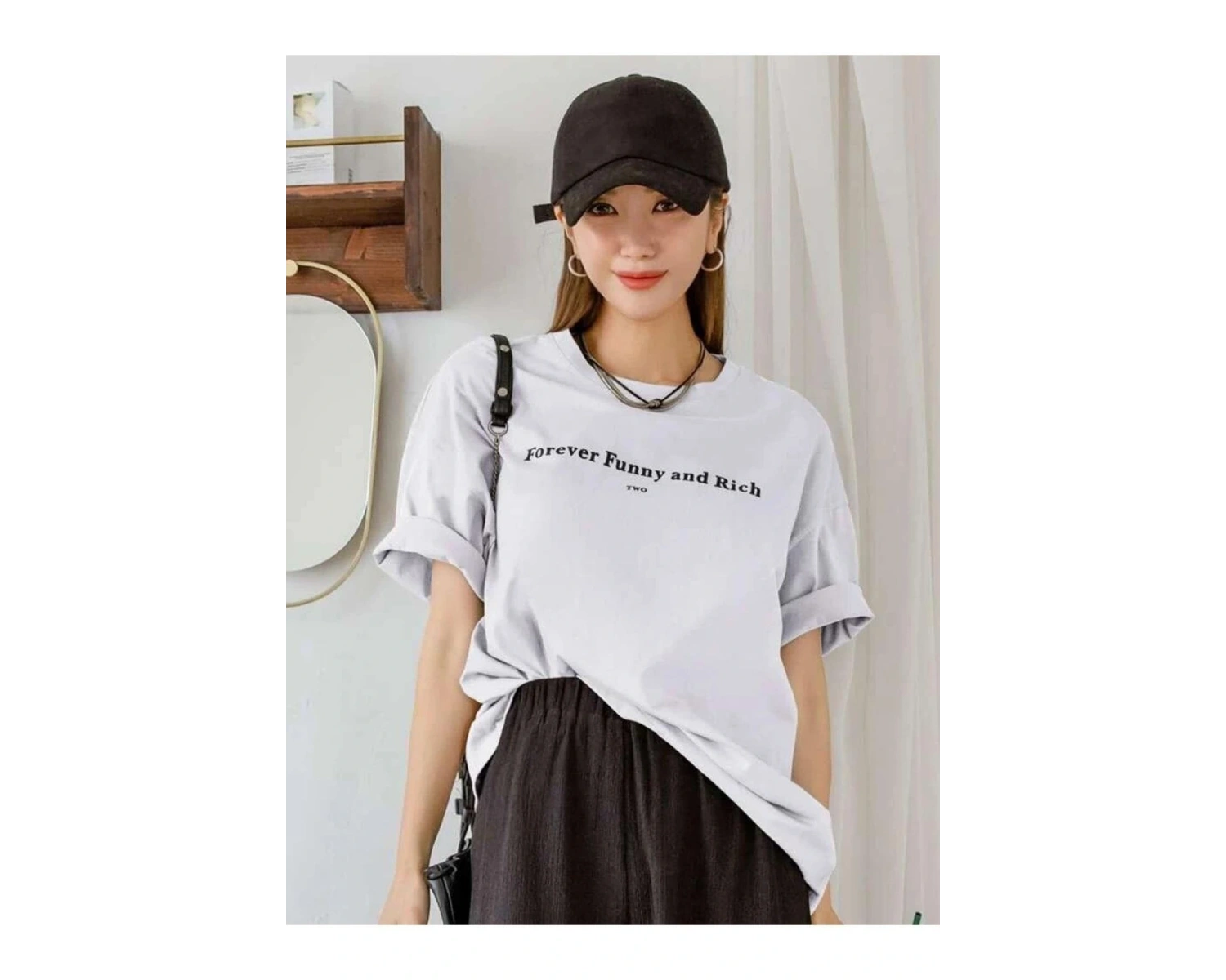 Kadın Beyaz Funny And Rich Baskılı Oversize T-Shirt