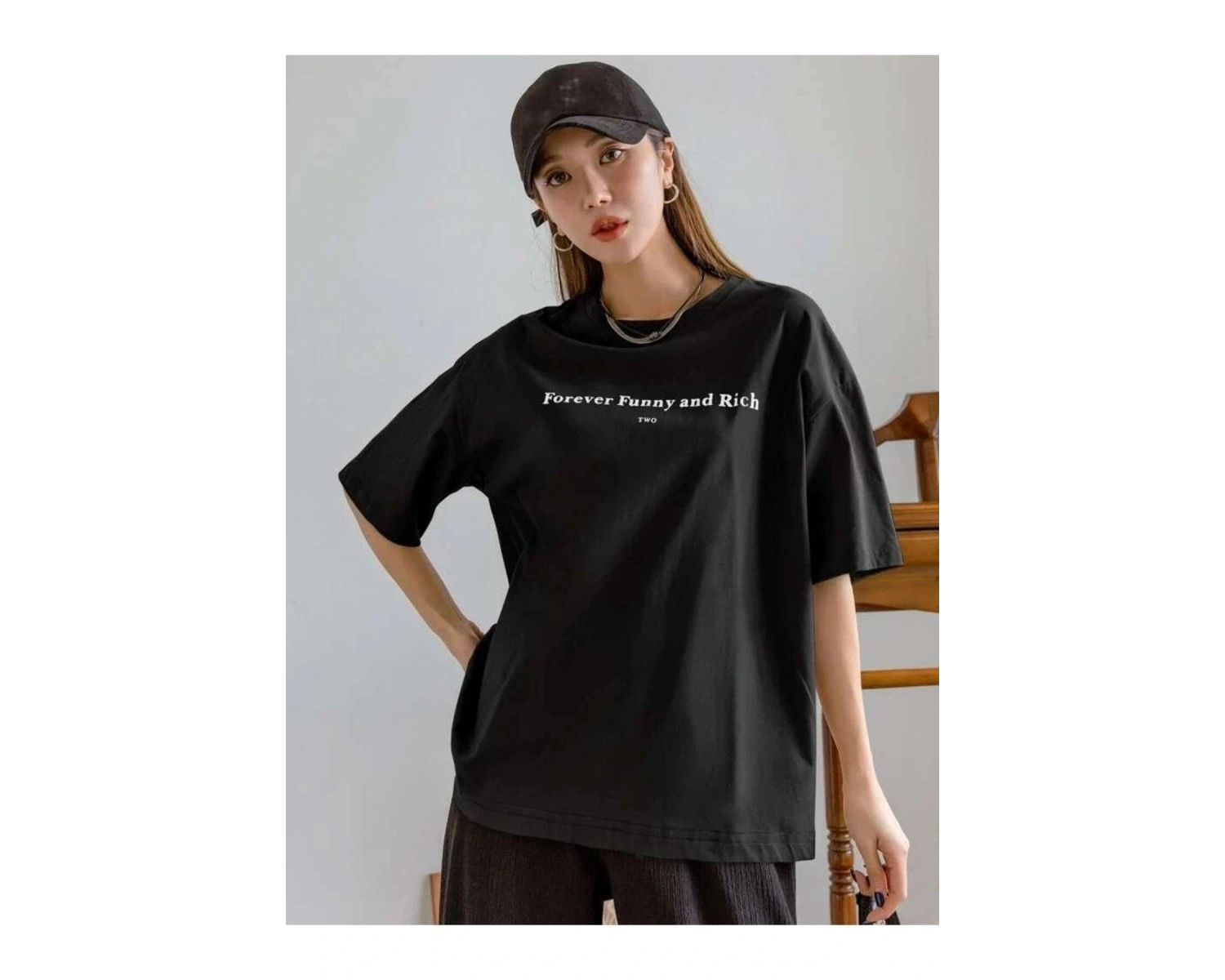 Kadın Beyaz Funny And Rich Baskılı Oversize T-Shirt