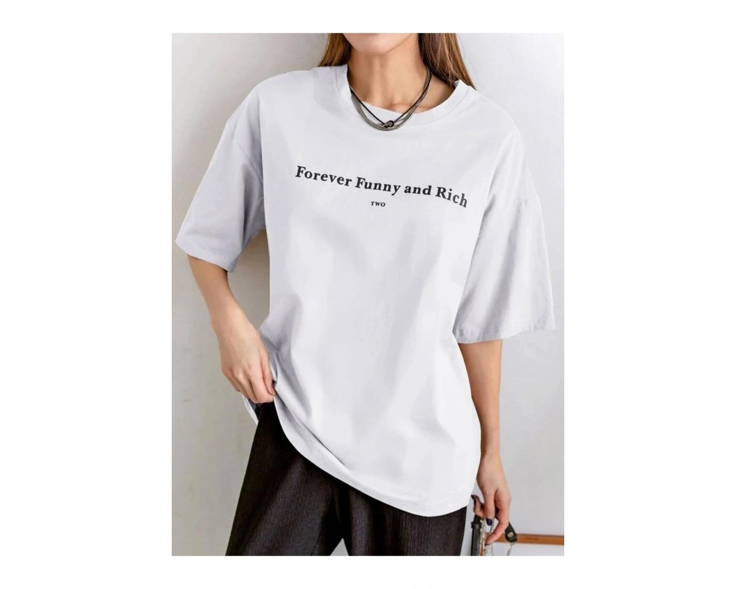Kadın Beyaz Funny And Rich Baskılı Oversize T-Shirt