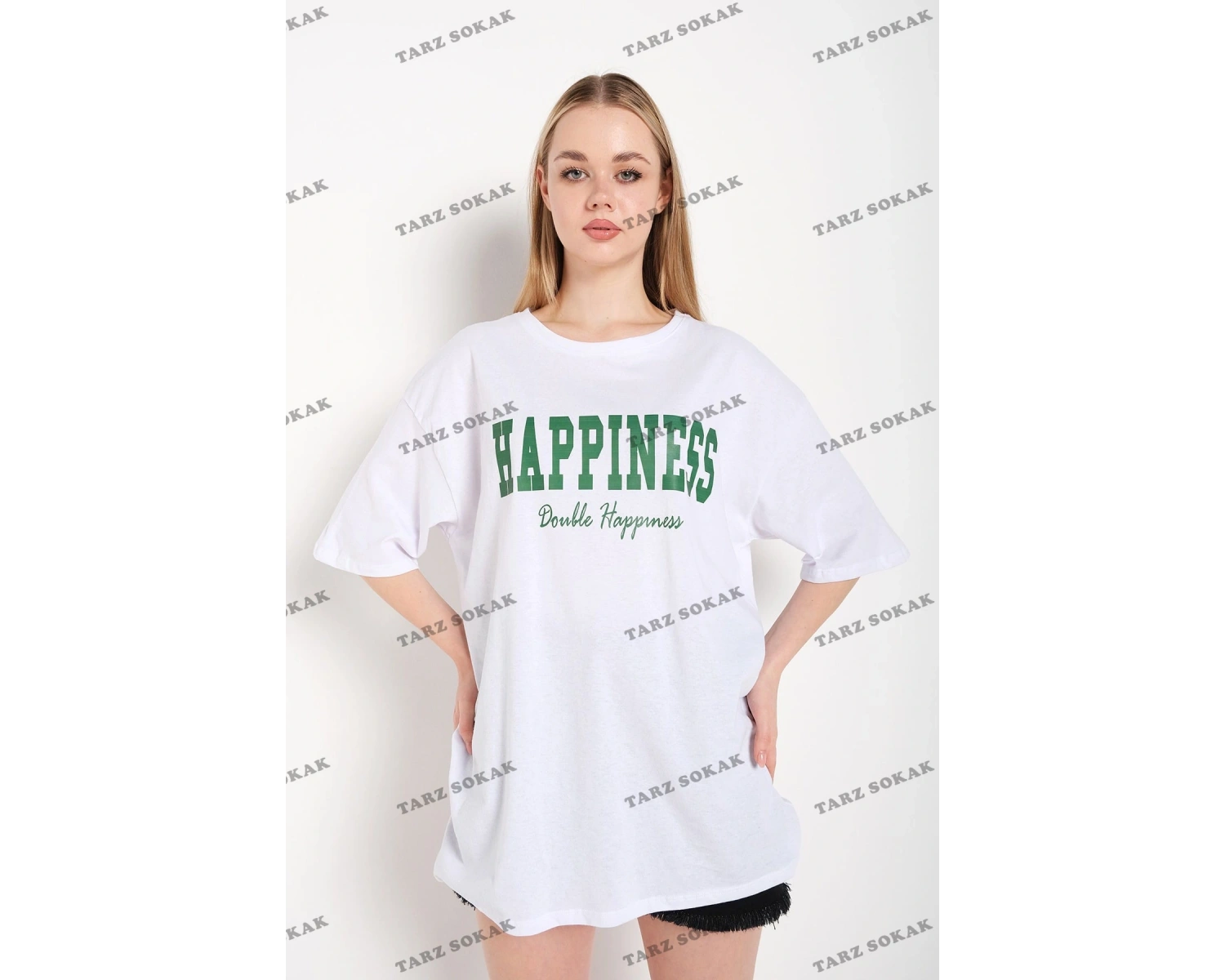 Kadın Beyaz Happıness Baskılı Oversize