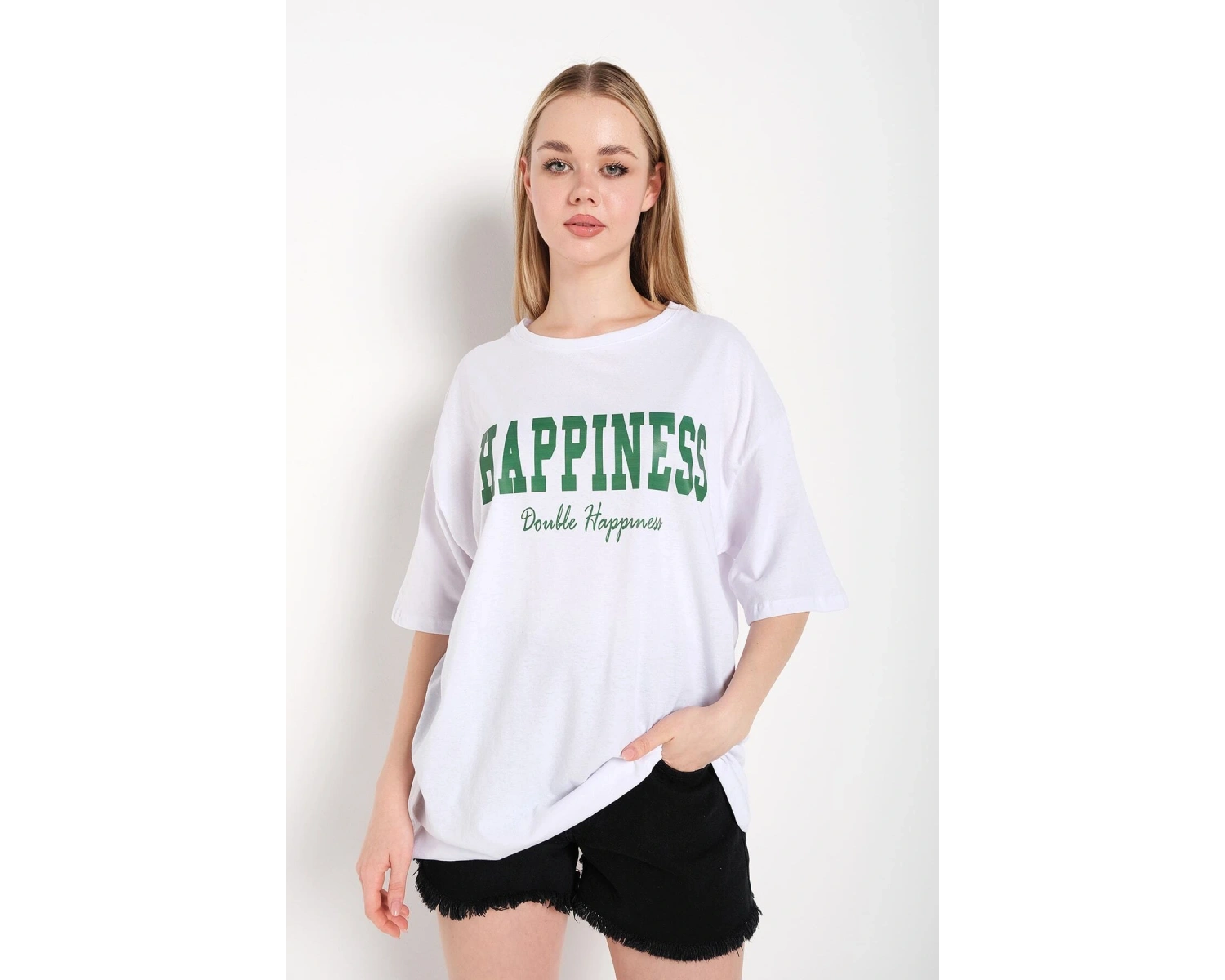 Kadın Beyaz Happıness Baskılı Oversize Tshirt