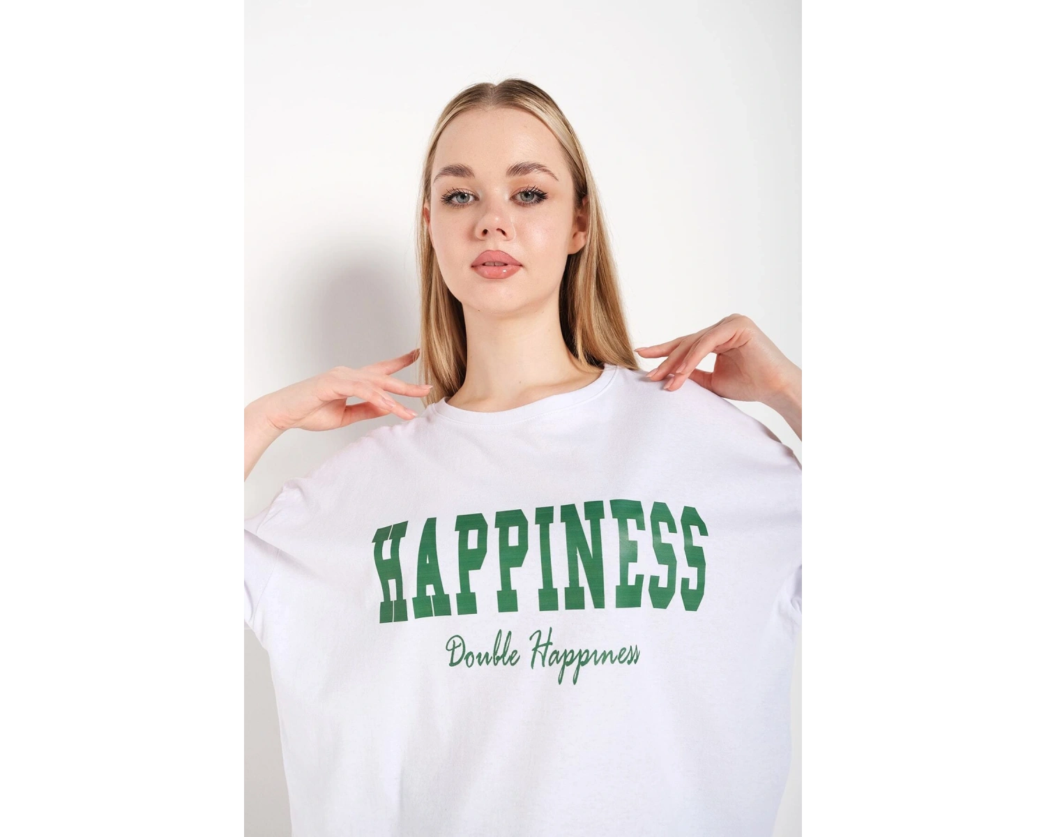 Kadın Beyaz Happıness Baskılı Oversize Tshirt