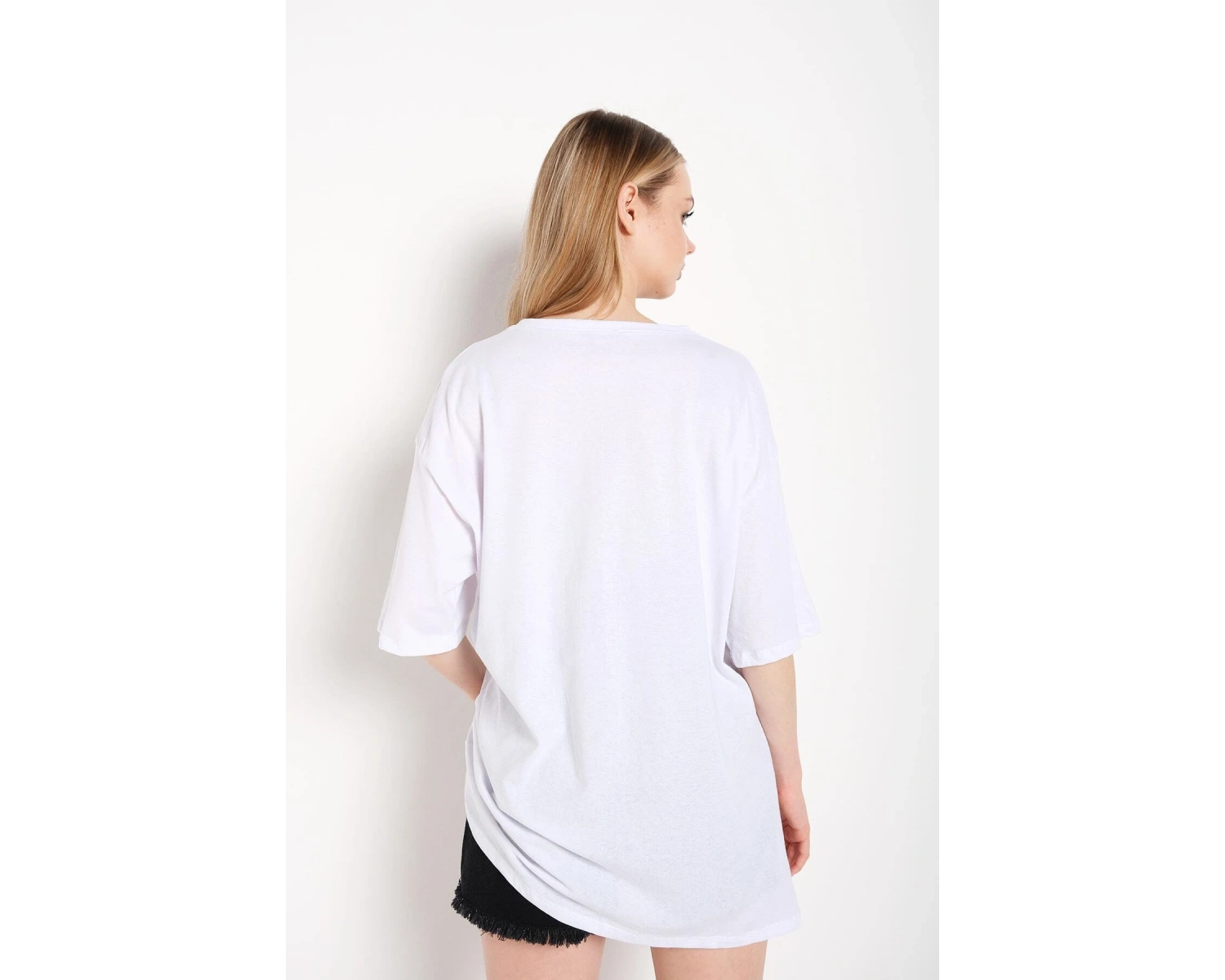 Kadın Beyaz Happıness Baskılı Oversize Tshirt