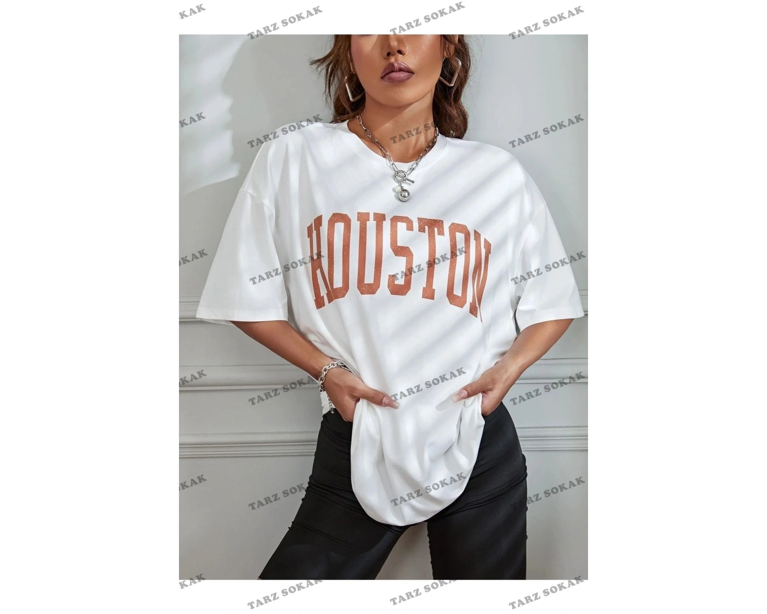 Kadın Beyaz Houston Baskılı Oversize