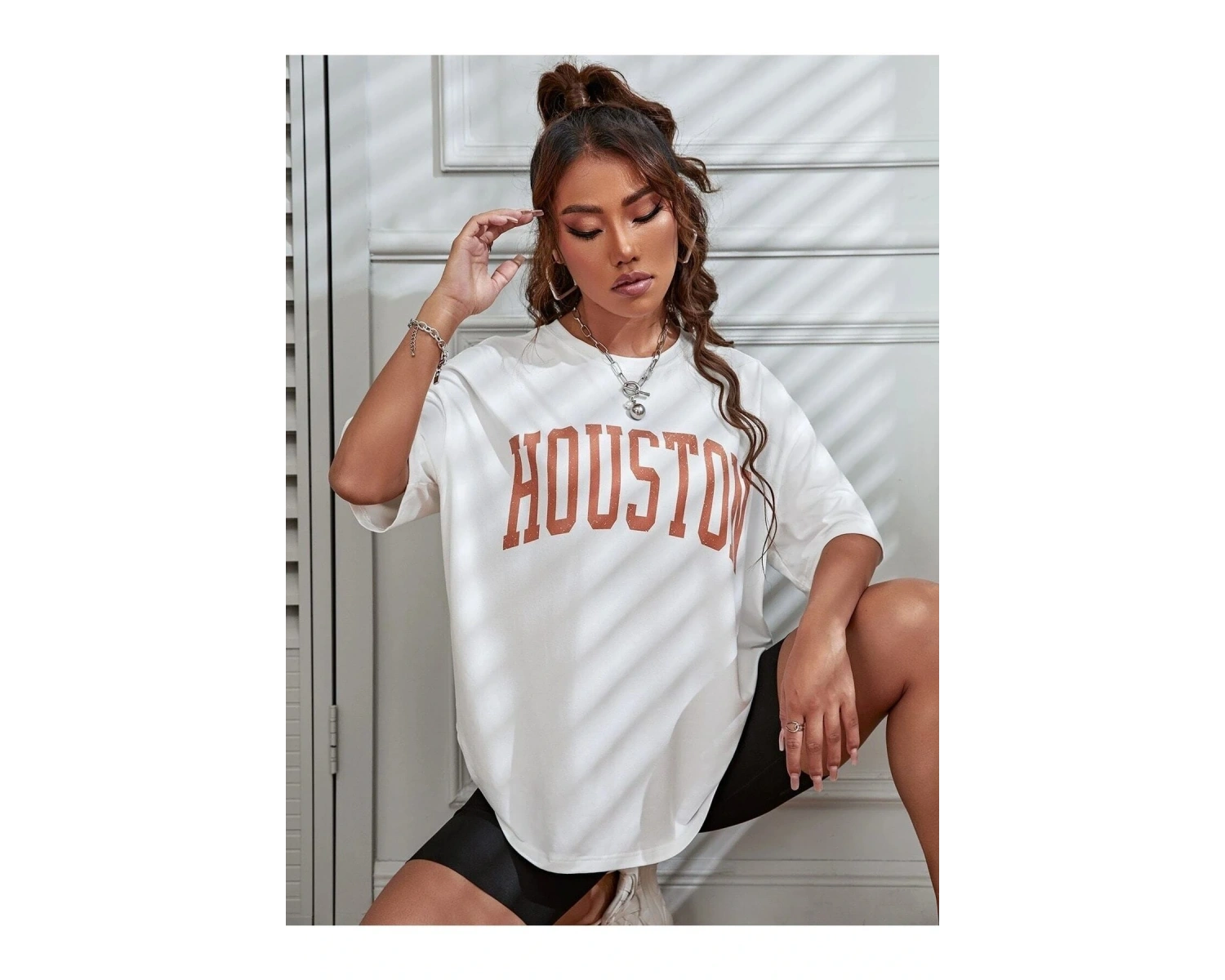 Kadın Beyaz Houston Baskılı Oversize T-shirt
