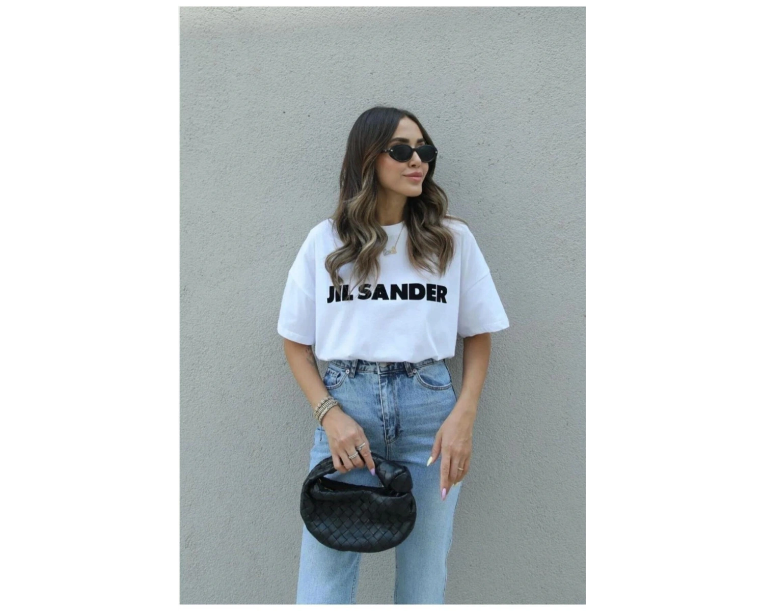 Kadın Beyaz Jıl Sander Baskılı Oversize Bisiket Yaka Tişört