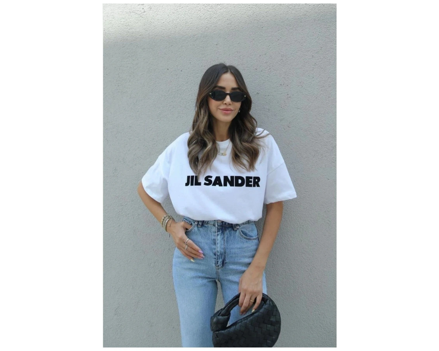 Kadın Beyaz Jıl Sander Baskılı Oversize Bisiket Yaka Tişört