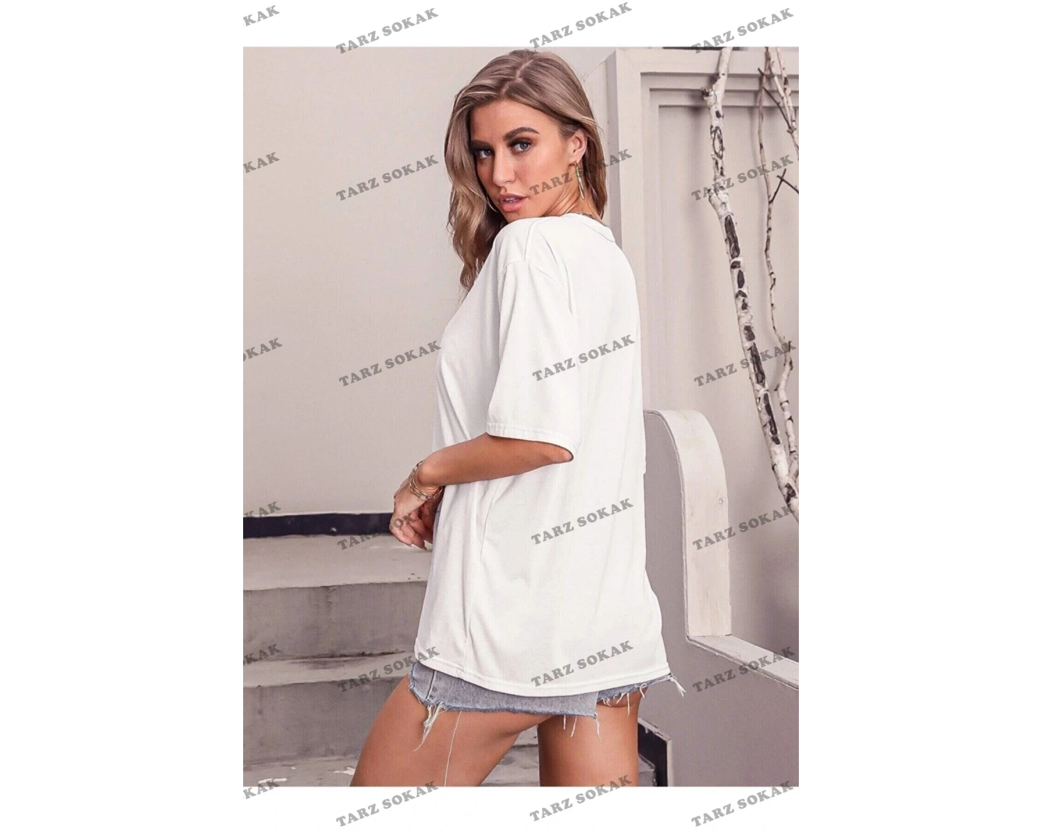 Kadın Beyaz Kalp Baskılı Oversize