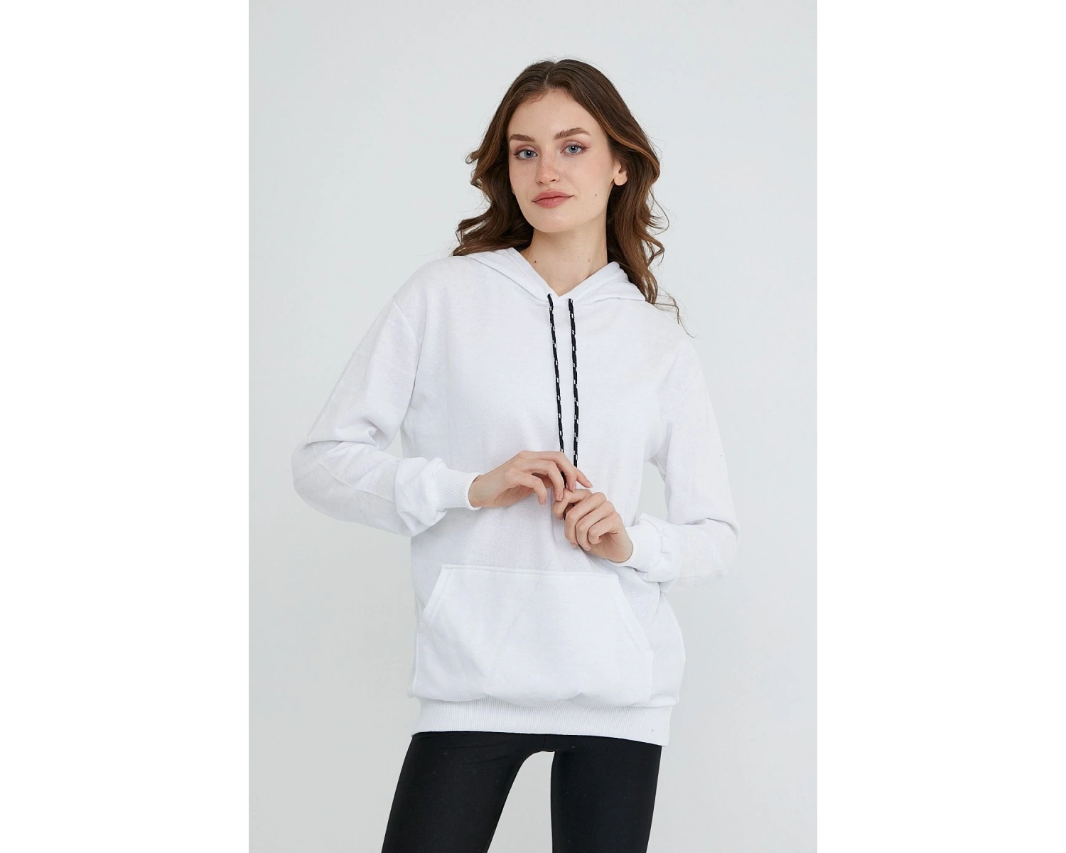 Kadın Beyaz Kapüşonlu Kangru Cep Sweatshirt