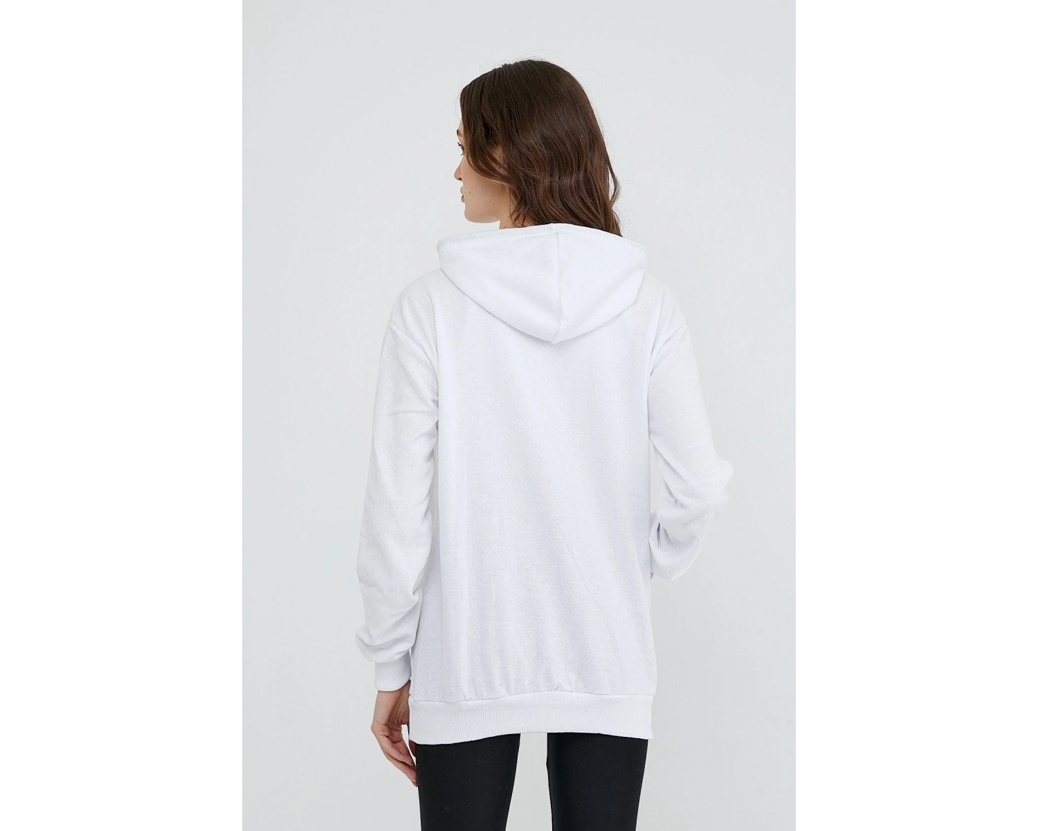 Kadın Beyaz Kapüşonlu Kangru Cep Sweatshirt