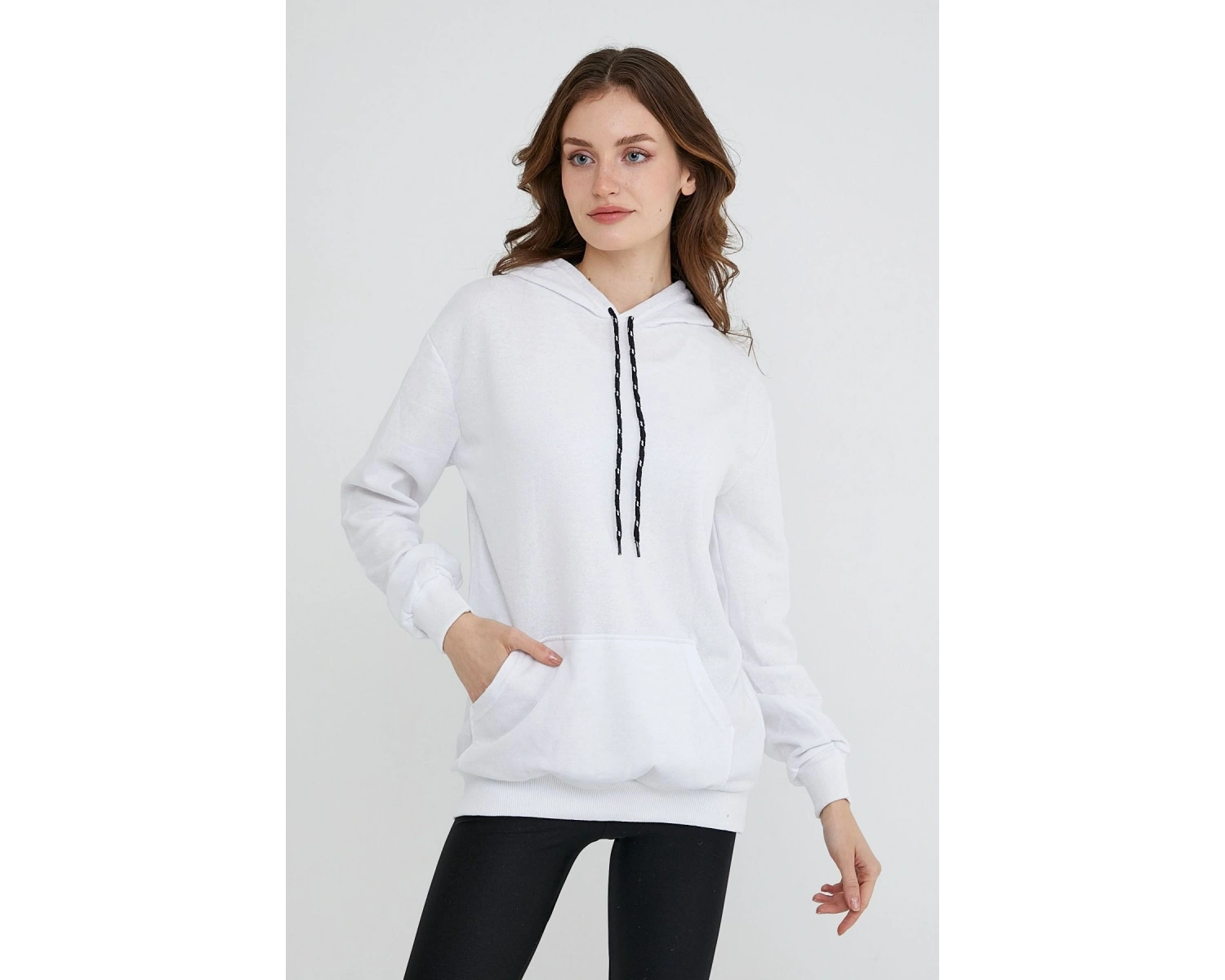 Kadın Beyaz Kapüşonlu Kanguru Cep Sweatshirt