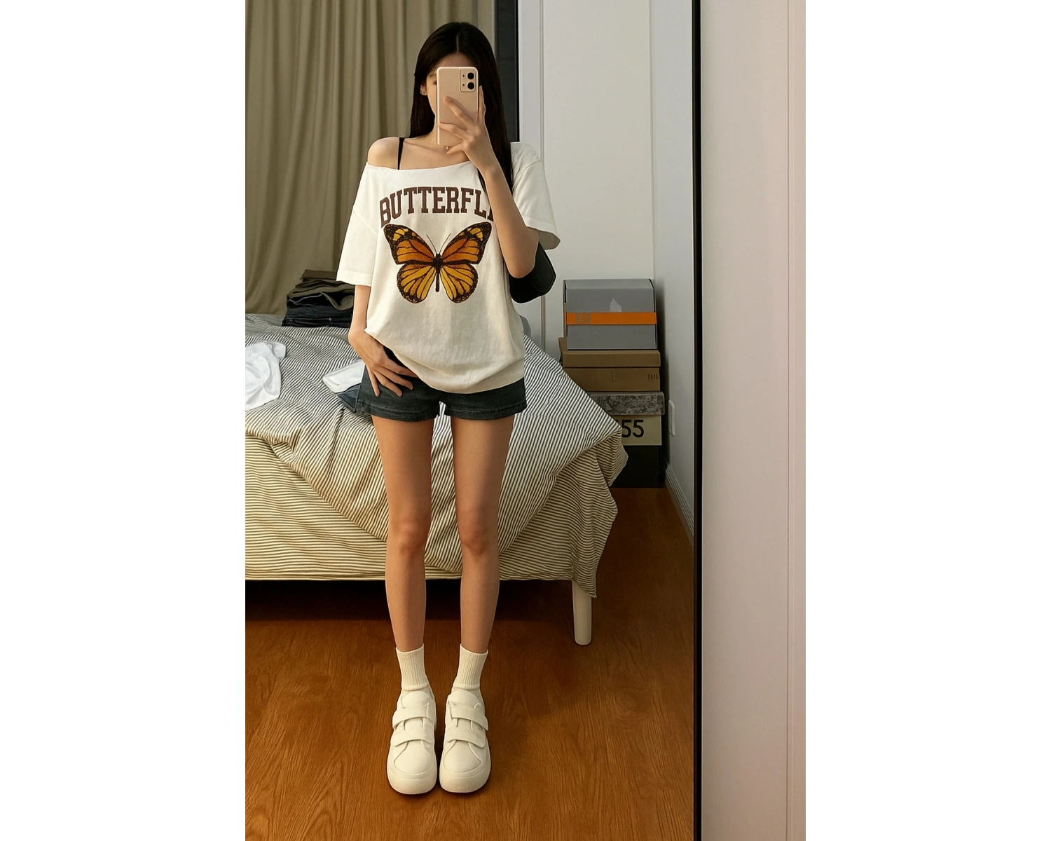 Kadın Beyaz Kayık Yaka Baskılı Kısa Kol %100 Pamuk