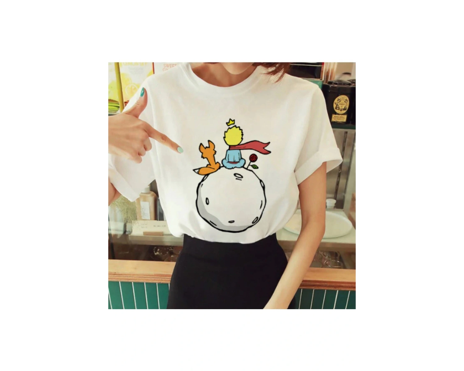 Kadın Beyaz Küçük Prens Baskılı Bisiklet Yaka Oversize Geniş Kalıp T-shirt Tişört