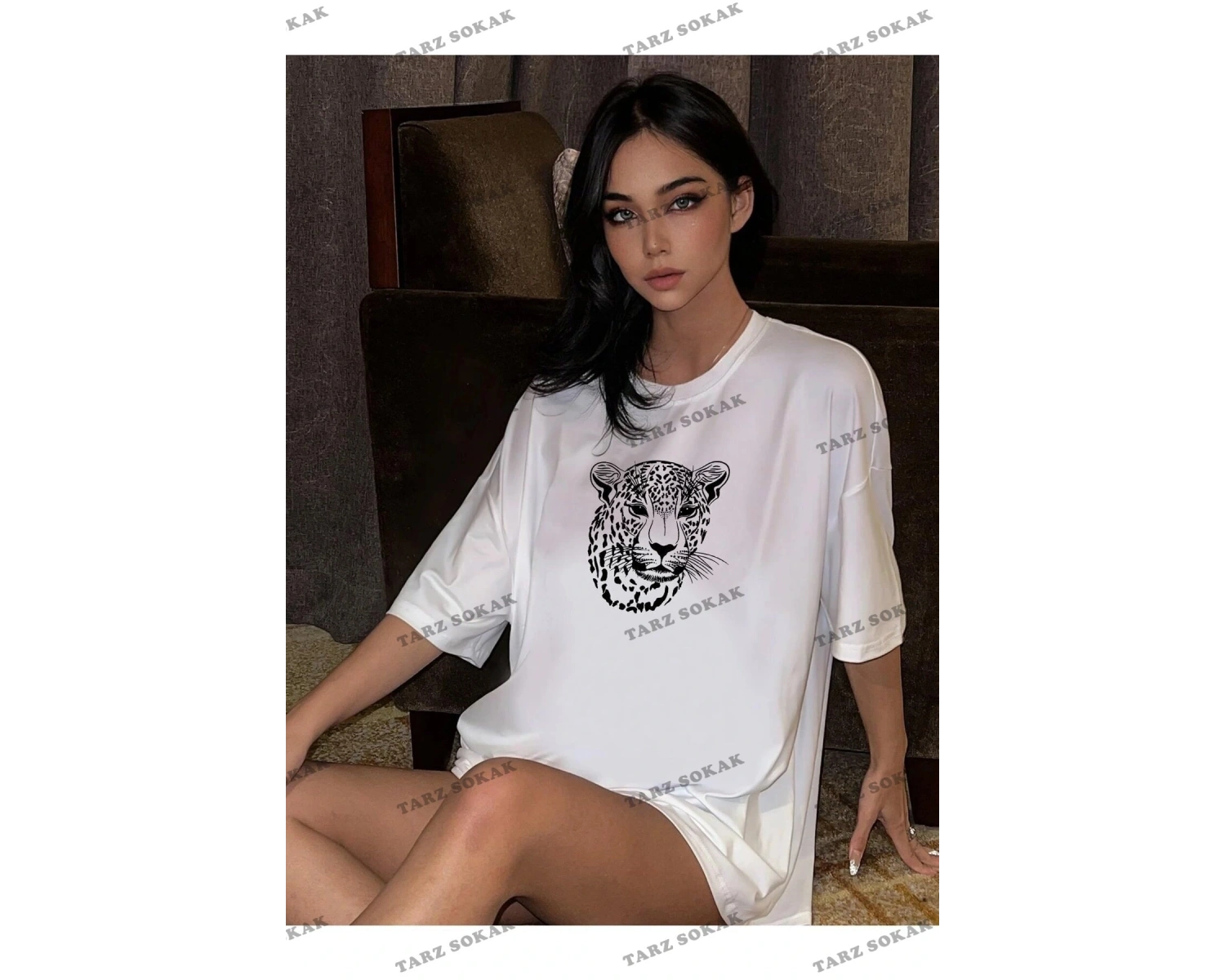 Kadın Beyaz Leopar Figür Baskılı Oversize