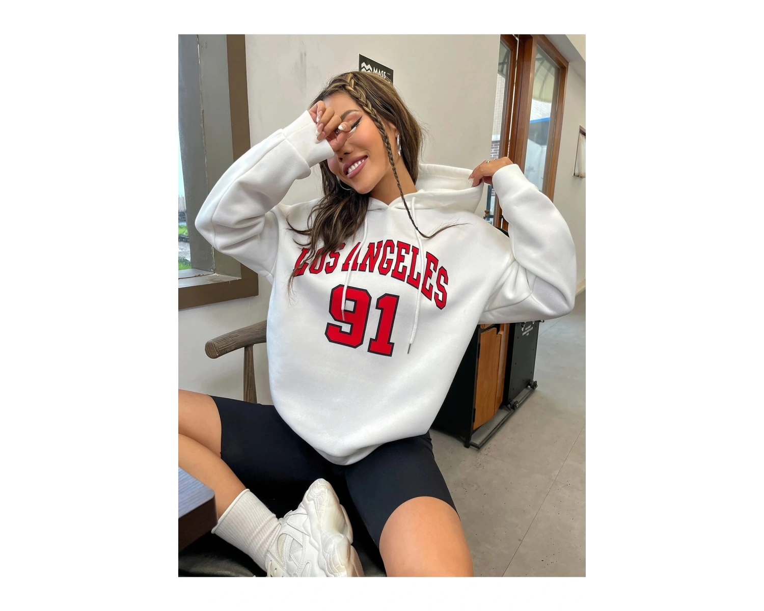 Kadın Beyaz Los Angeles 91 Baskılı Kapüşonlu Sweatshirt