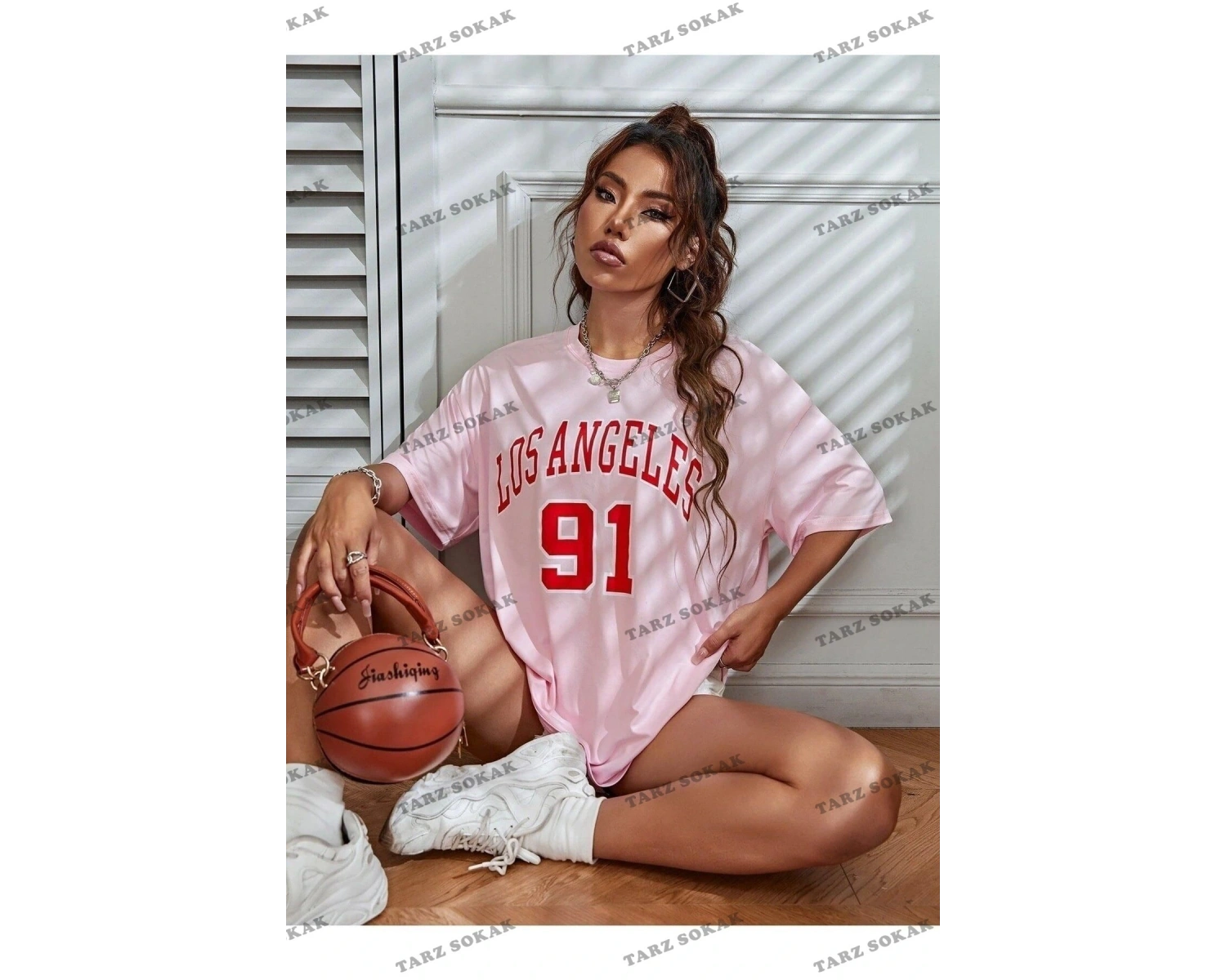 Kadın Beyaz Los Angeles 91 Baskılı Oversize