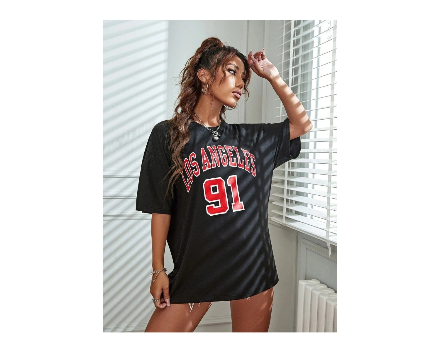 Kadın Beyaz Los Angeles 91 Baskılı Oversize Tişört