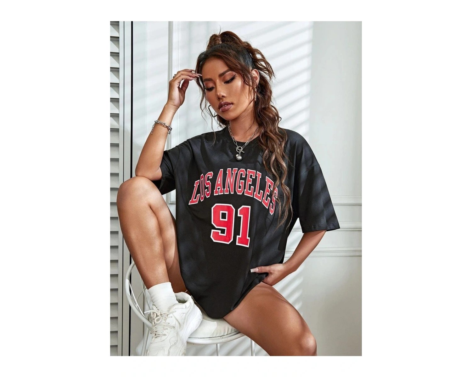 Kadın Beyaz Los Angeles 91 Baskılı Oversize Tişört