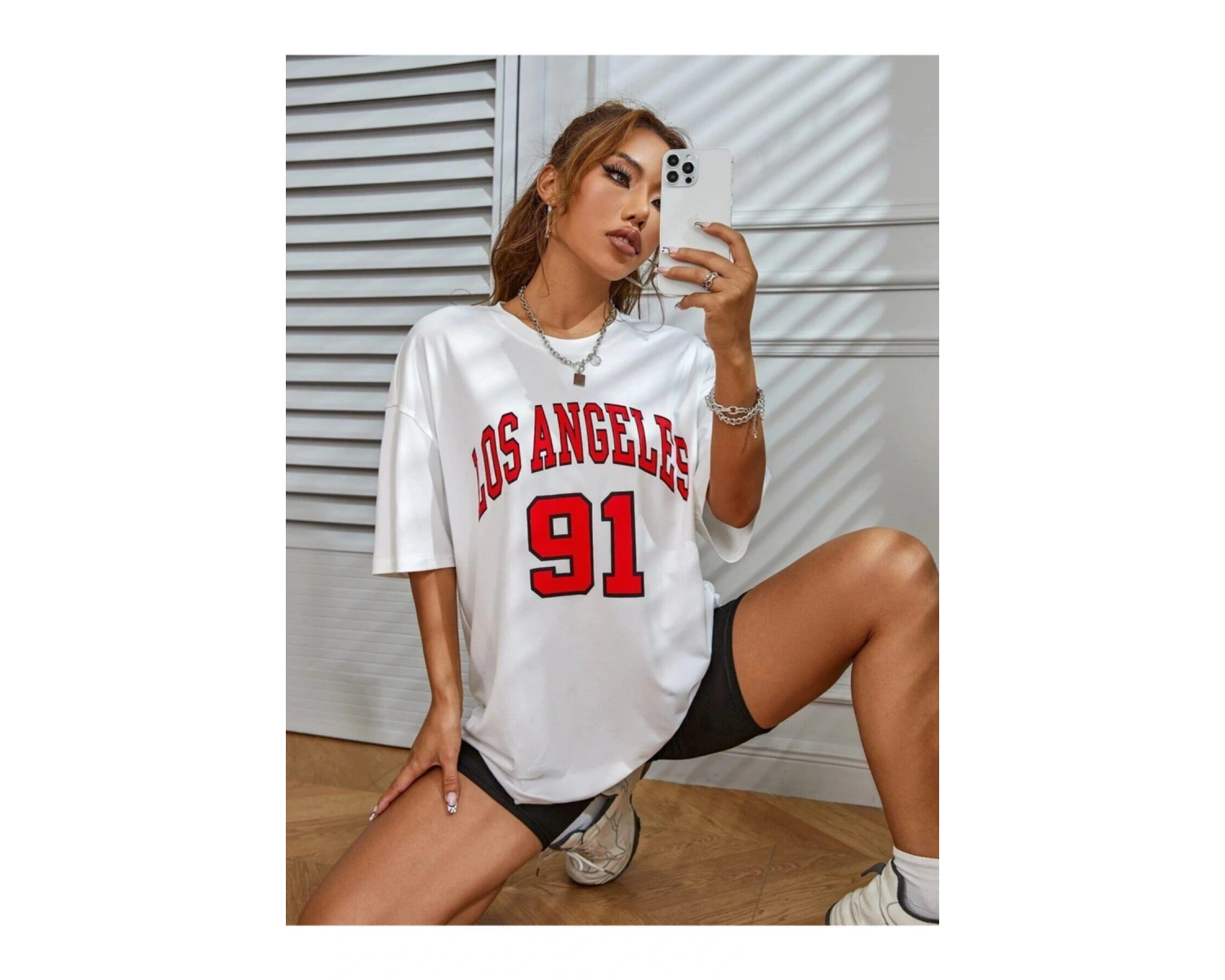 Kadın Beyaz Los Angeles 91 Baskılı Oversize Tişört