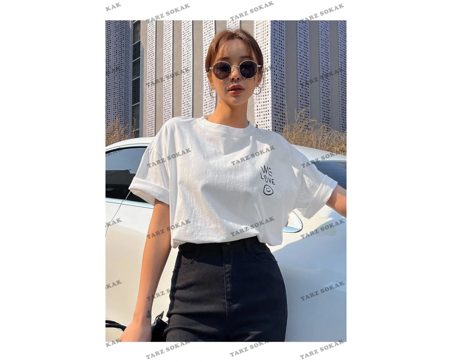 Kadın Beyaz Love Love Love Baskılı Oversize