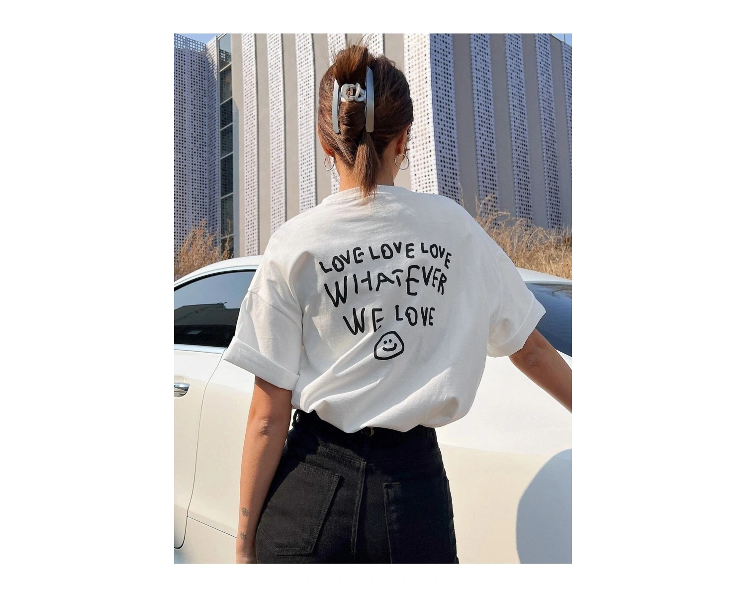 Kadın Beyaz Love Love Love Baskılı Oversize T-shirt