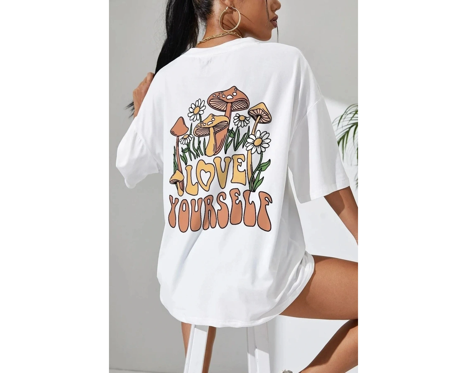 Kadın Beyaz Love Yourself Baskılı Oversize T-shirt