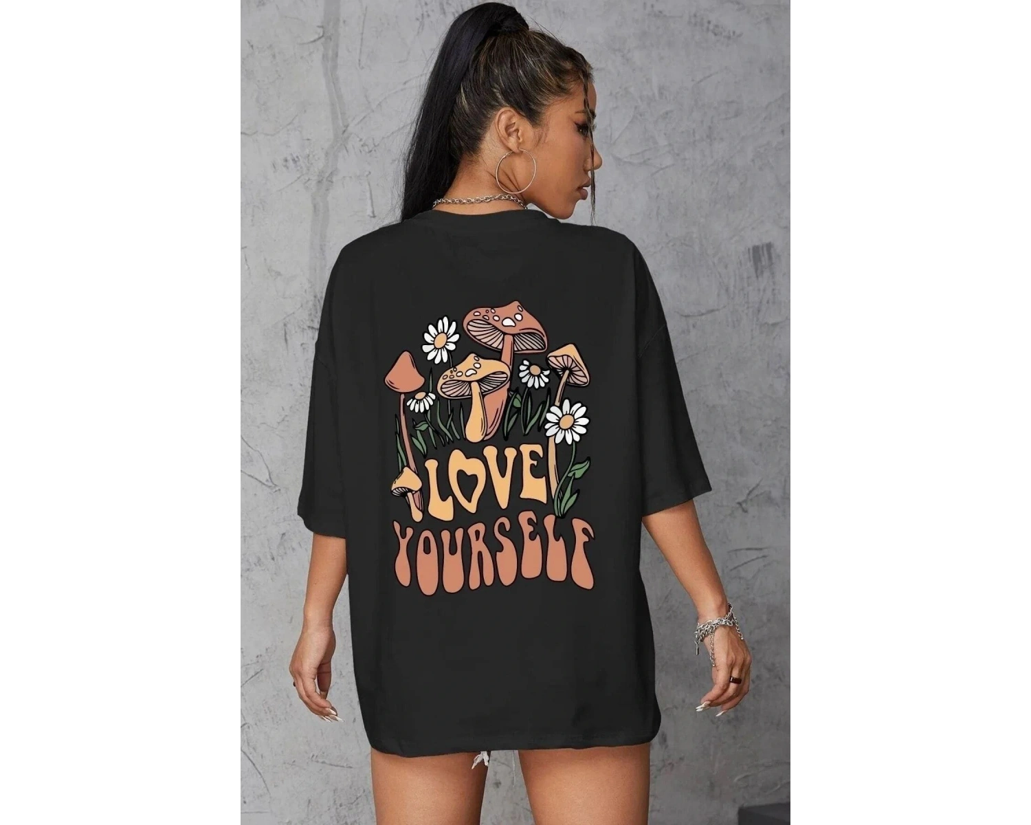 Kadın Beyaz Love Yourself Baskılı Oversize T-shirt