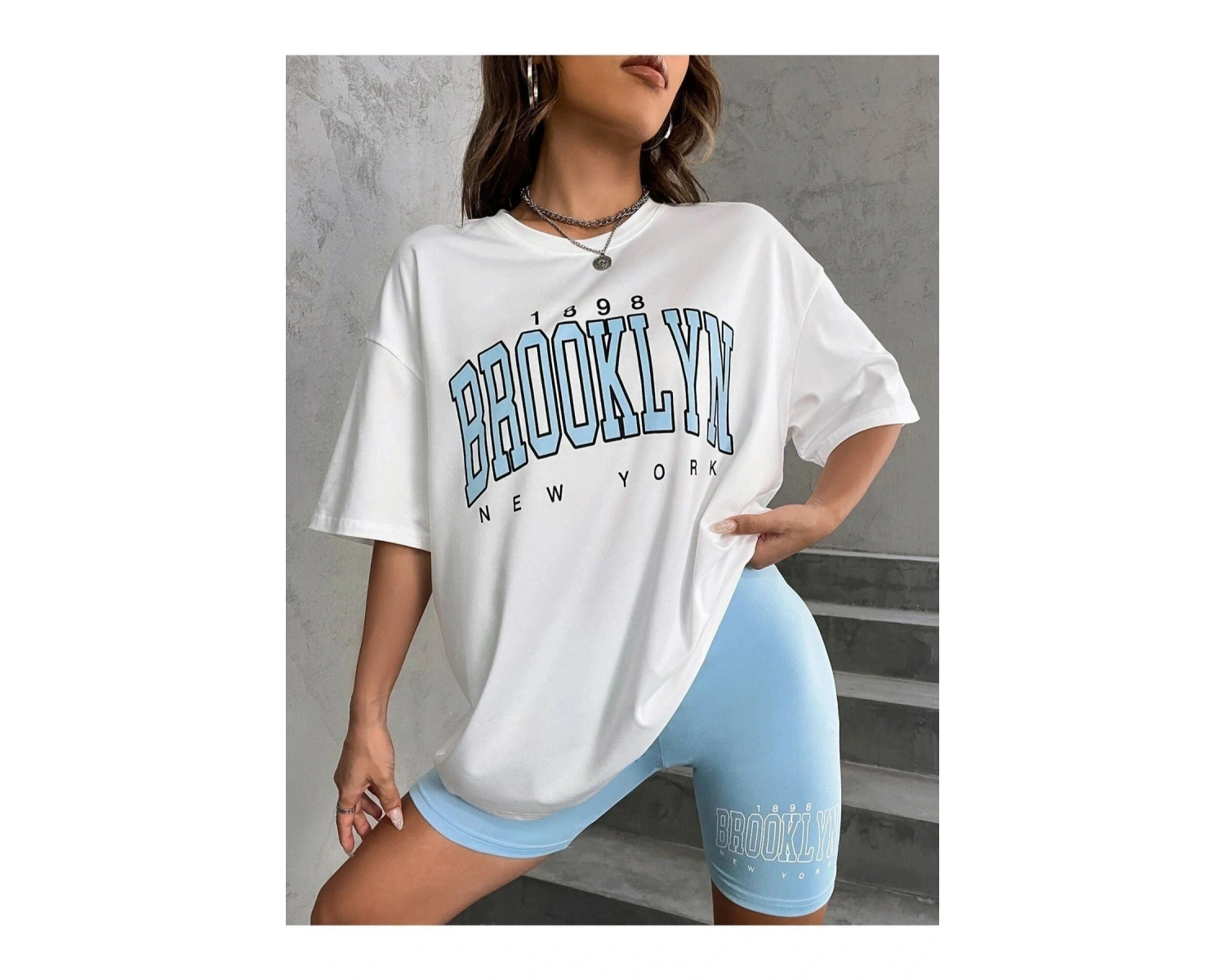 Kadın Beyaz Mavi Brooklyn Bisiklet Yaka Tshirt