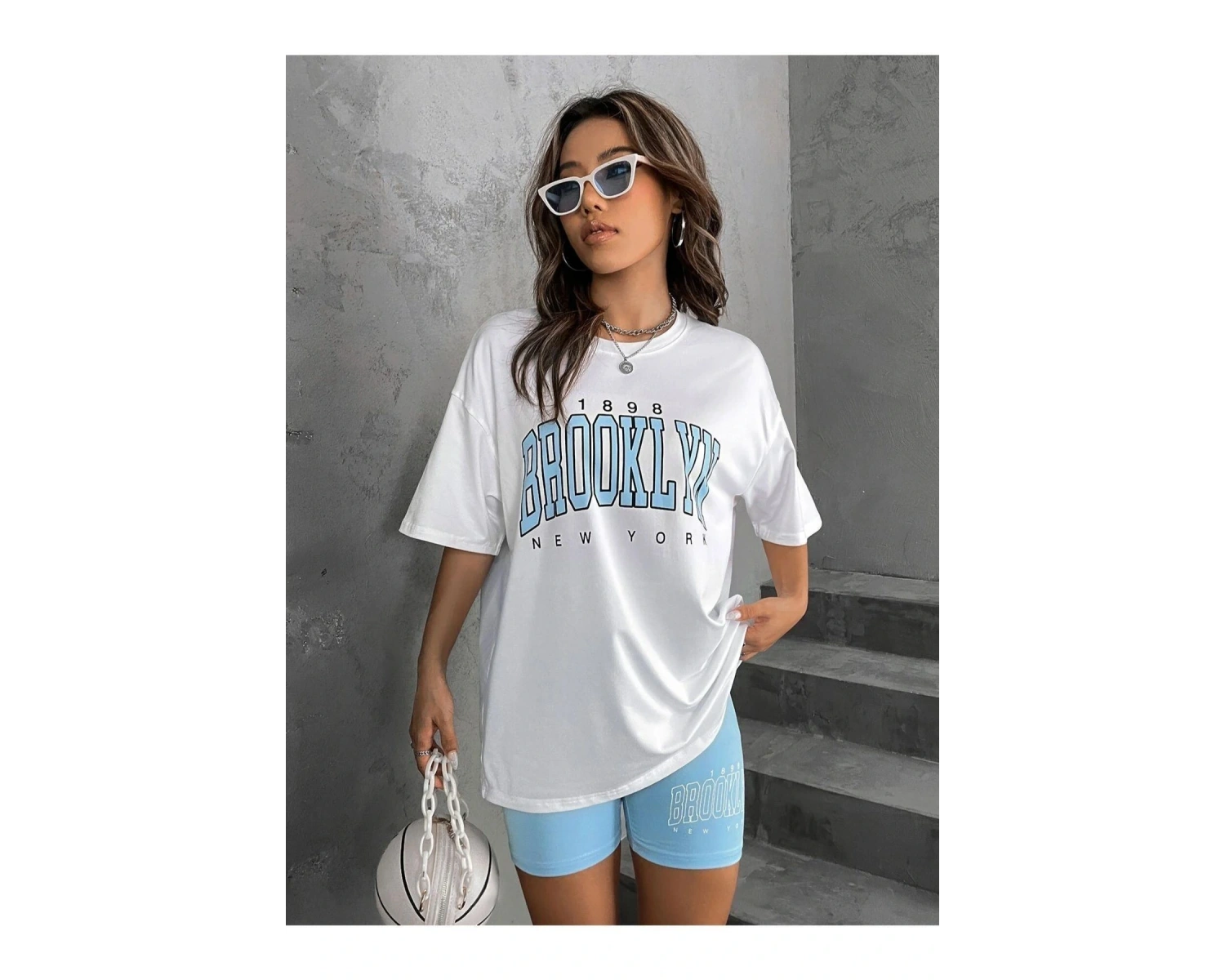 Kadın Beyaz Mavi Brooklyn Bisiklet Yaka Tshirt